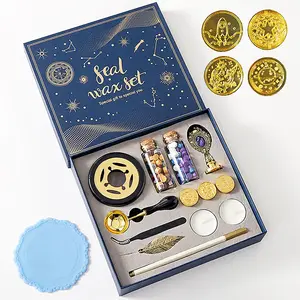Wax Seal Stamp Kit with Gift Box, Hot Stamping Gift Box with Sealing Stamp Heads and Wooden Hilt, Starry Sky Wax Stamp Kit Invitations, Cards and Gift Packaging