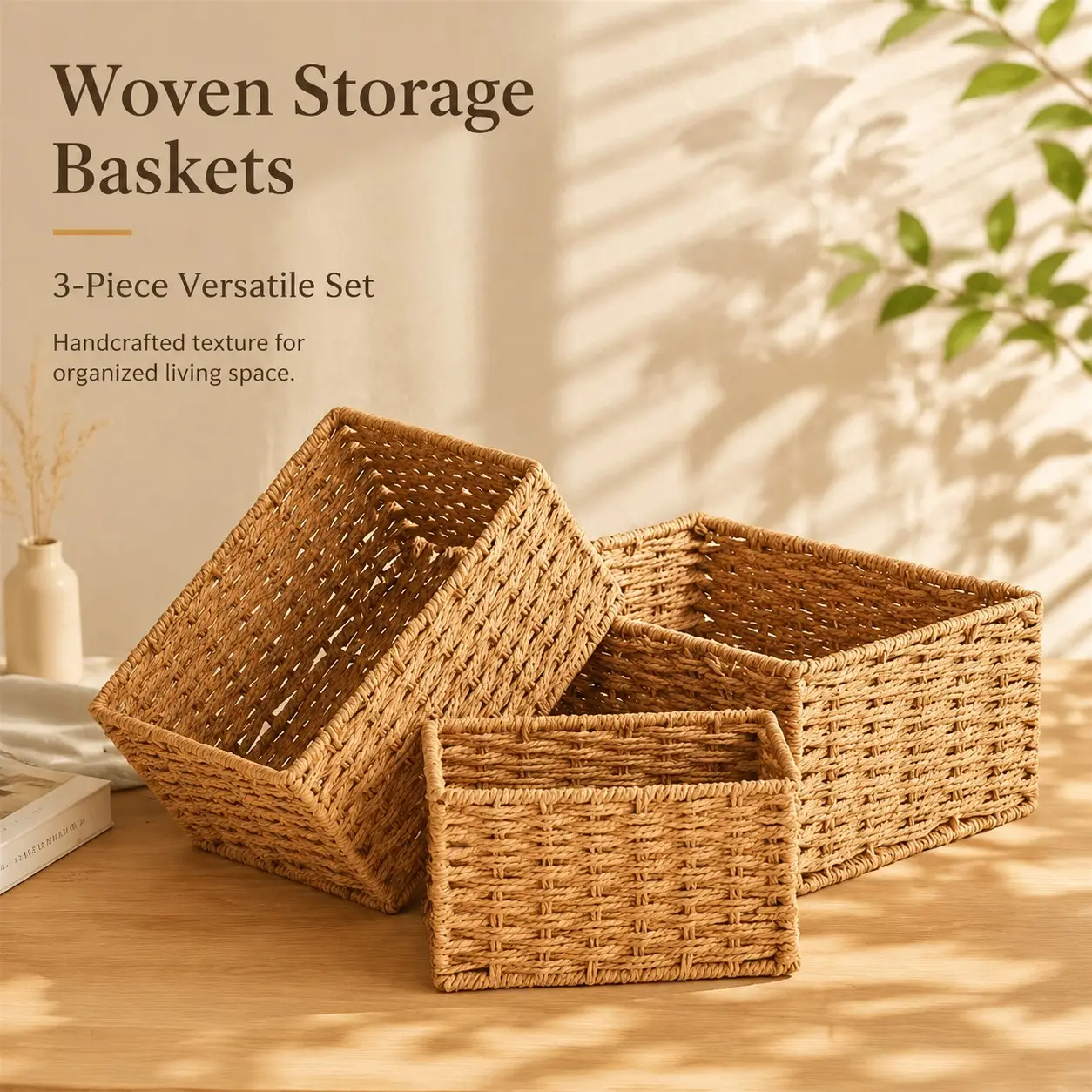 Three-Piece Handmade Paper Rope Storage Baskets, Multi-Size Rectangular Woven Organizer, Home Closet Bathroom Kitchen Food Storage Decorative Basket