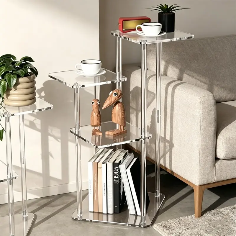 Transparent Acrylic 3-Tier Square Side Table, Modern Staircase End Table, Bedside Cabinet, Plant Stand for Living Room, Bedroom, Entryway, Modern Night Stand, Acrylic Tables