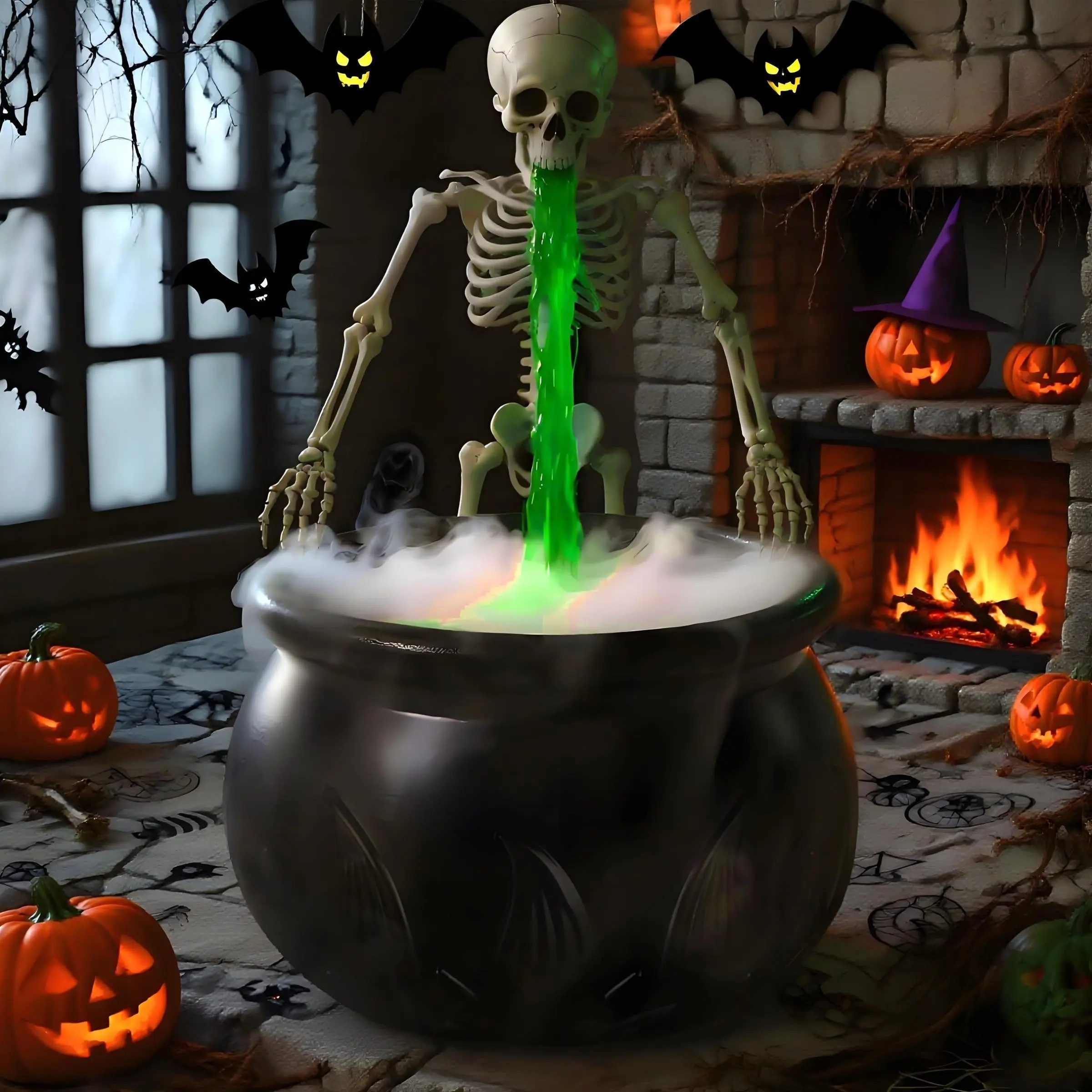 Retro Witch Cauldron Skull Vomiting Fog Diffuser, Halloween Fog Effect Diffuser, Wizard Pot Ghost Bowl Decor for Living Room Kitchen Table Party Centerpiece