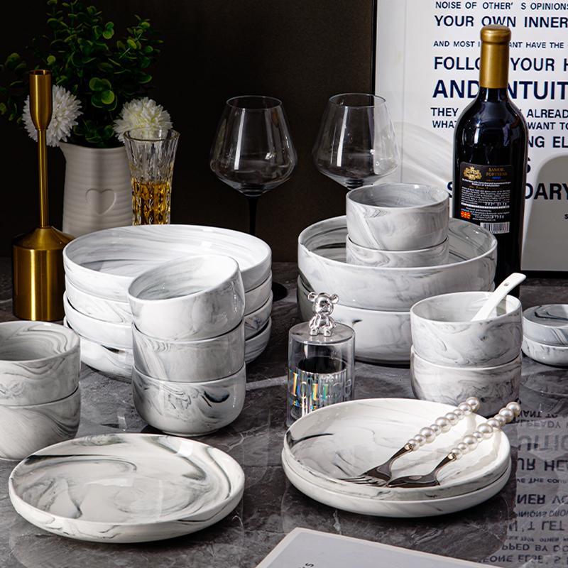 Marble Pattern Ceramic Tableware Set, Modern Style Cutlery Set, Simple and High-end Tableware Set, Ceramic Dinnerware Set for Home Kitchen Dining Room