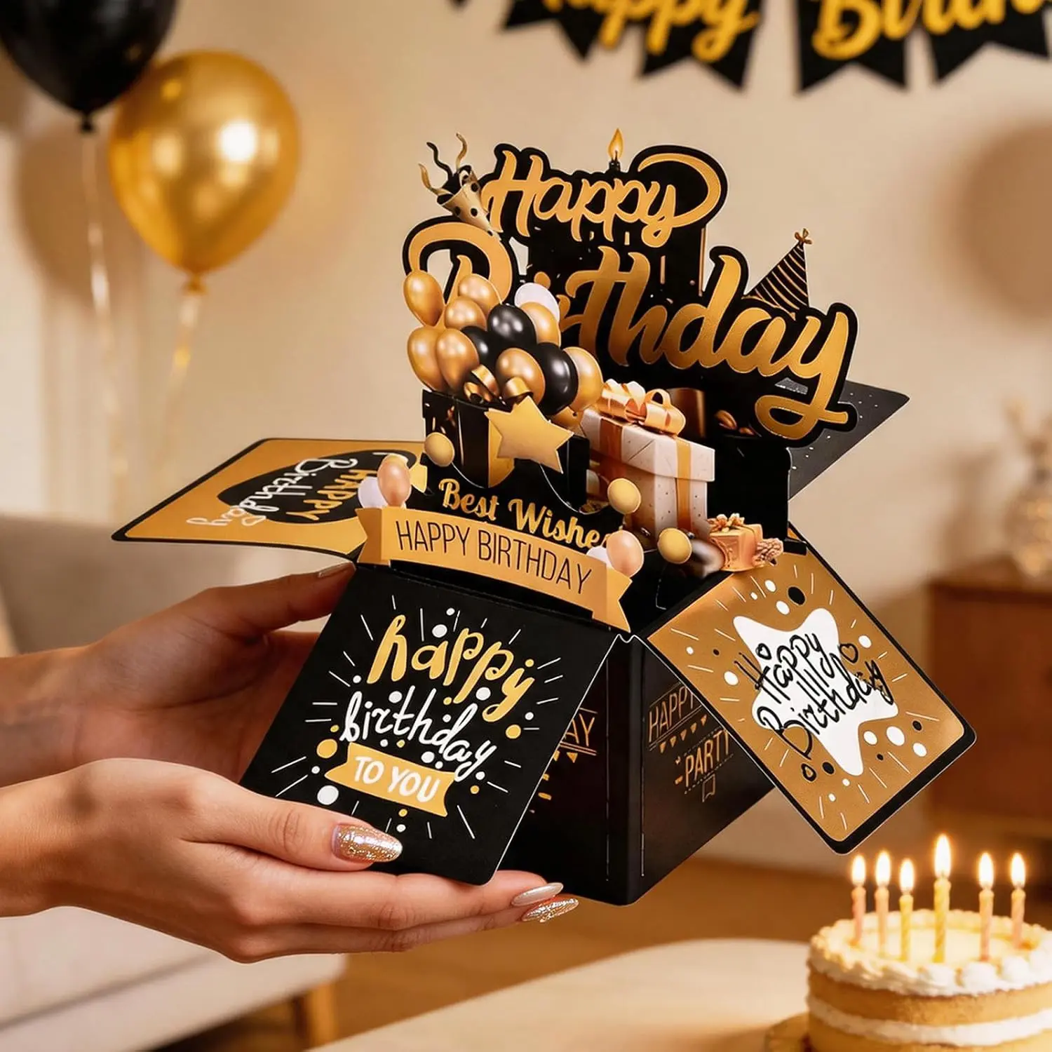 Happy Birthday 3D Pop Up Card, Black Gold Box Style Popup Greeting Card with Matching Envelopes and Blank Note Tags, Golden Balloon Pop Out Birthday Gift Card for Men,Women, Friends and Family,Suitable for Birthday Celebrations and Other Holiday Greetings