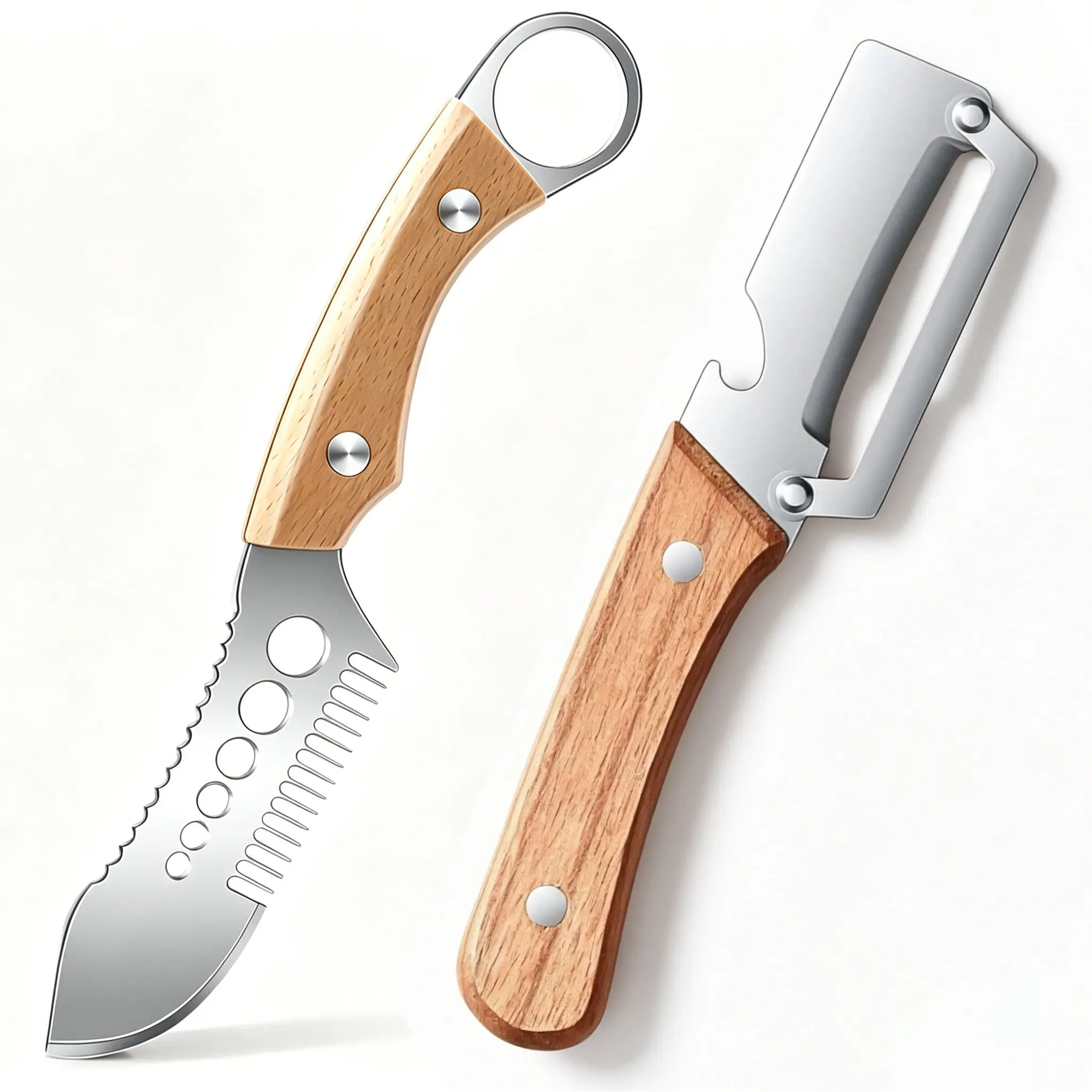 2pcs 2-in-1 Kitchen Knives, Kitchen Peeler Tool for Fruits & Veggie, Stainless Steel Vegetable Peeler with Wooden Handle, Fish scale scraper, Ergonomic Non-slip Design for Comfortable Grip, Vegetable Peeler for Kitchen and Camping.