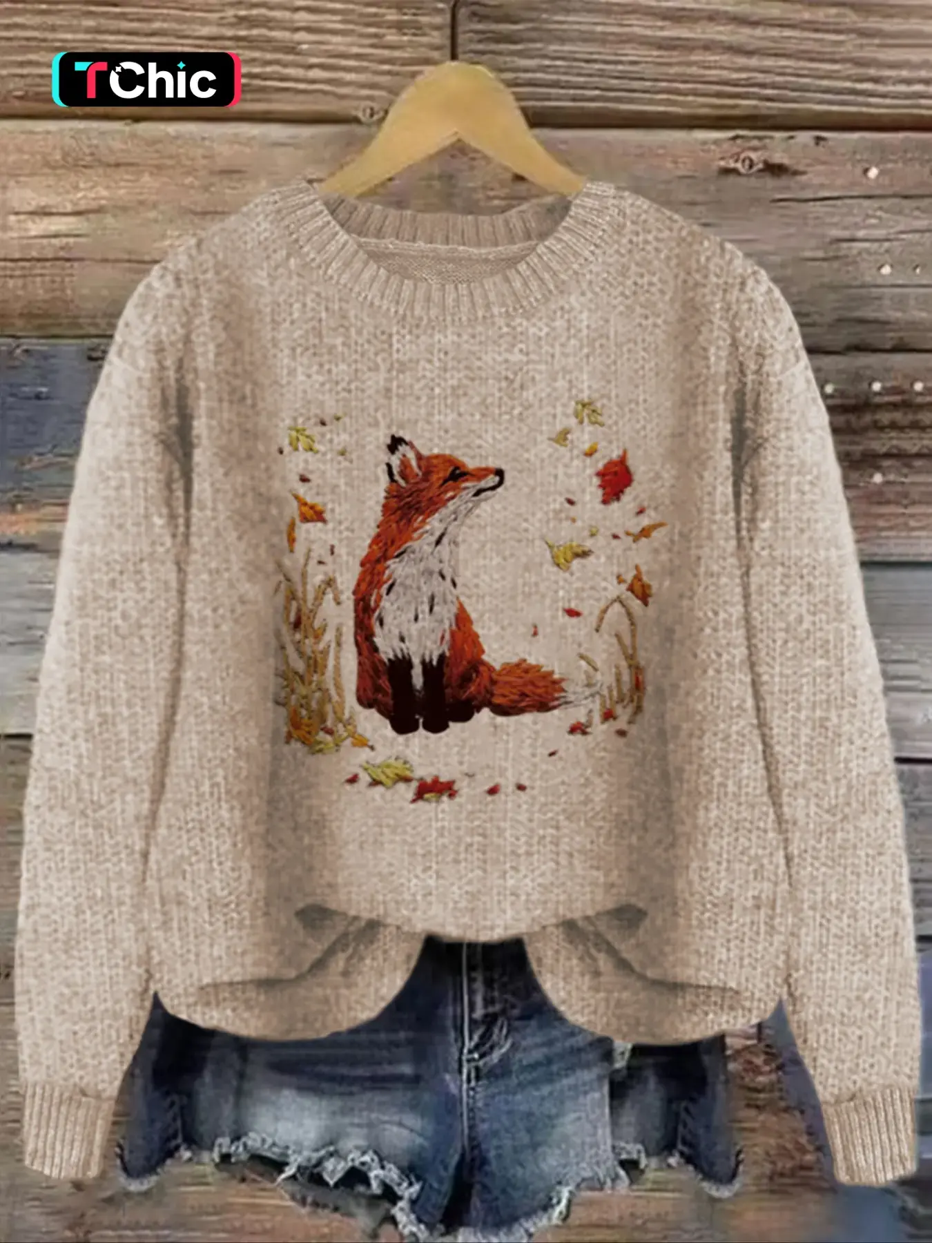 Women's Fox & Leaf Print Drop Shoulder Baggy Sweater, Casual Long Sleeve Round Neck Jumper for Fall & Winter, Fashion Ladies' Knitwear for Daily Wear, Tops