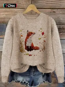 Women's Fox & Leaf Print Drop Shoulder Baggy Sweater, Casual Long Sleeve Round Neck Jumper for Fall & Winter, Fashion Ladies' Knitwear for Daily Wear
