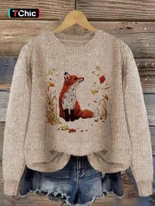 women's fox & leaf print drop shoulder sweater, casual long sleeve round neck jumper for fall & winter, fashion ladies' knitwear for daily wear