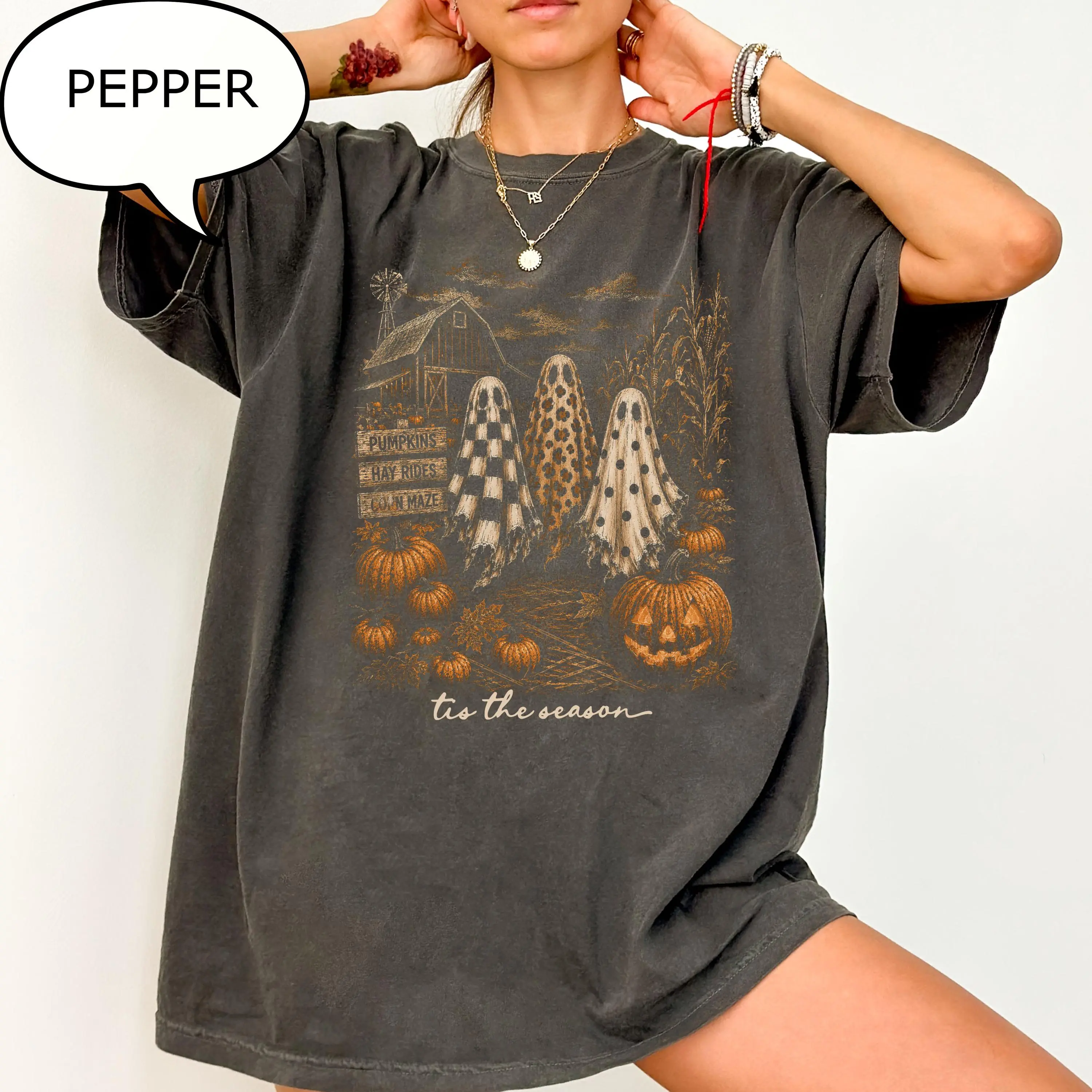 Tis The Season Graphic Tee Vintage Washed Cotton Tshirt Ghost Pumpkin Patch Spooky Fall Halloween Country Western Aesthetic Oversized T Shirt Women Short Sleeve Crewneck Top Retro Streetwear Birthday Gift Men Unisex Loose Top