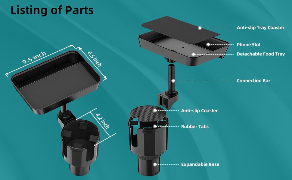 Car Cup Holder Tray, Cup Holder Expander Adapter for Car, 9.5" Car Food Tray Table for Eating, Fits Yeti, Hydro Flask 16-46 oz
