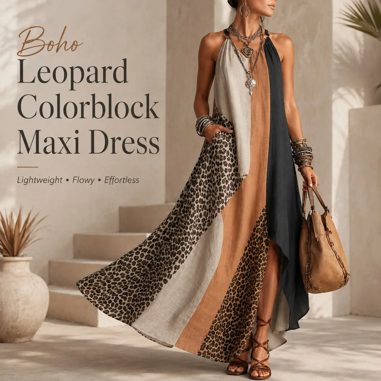 2026 Spring summer dress vacation dresses Patchwork Animal Print Halter maxi dress for Women Elegant Sleeveless Split Hem Long Dress  wedding guest dresses for Party, Beach, Resort and Holiday