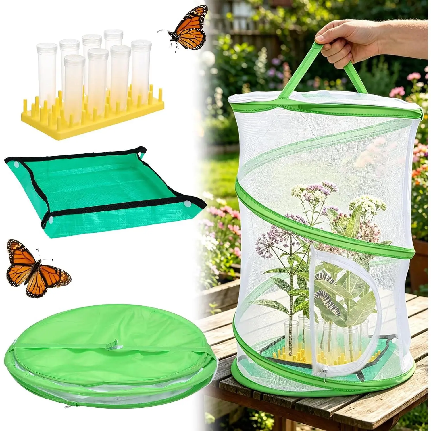 Large 14"W x 20"H Butterfly Habitat Kit Collapsible Mesh Growing Cage Easy Setup Monarch Caterpillars Enclosure House with Feeding Tubes Rack Holder Messproof Mat & Guide