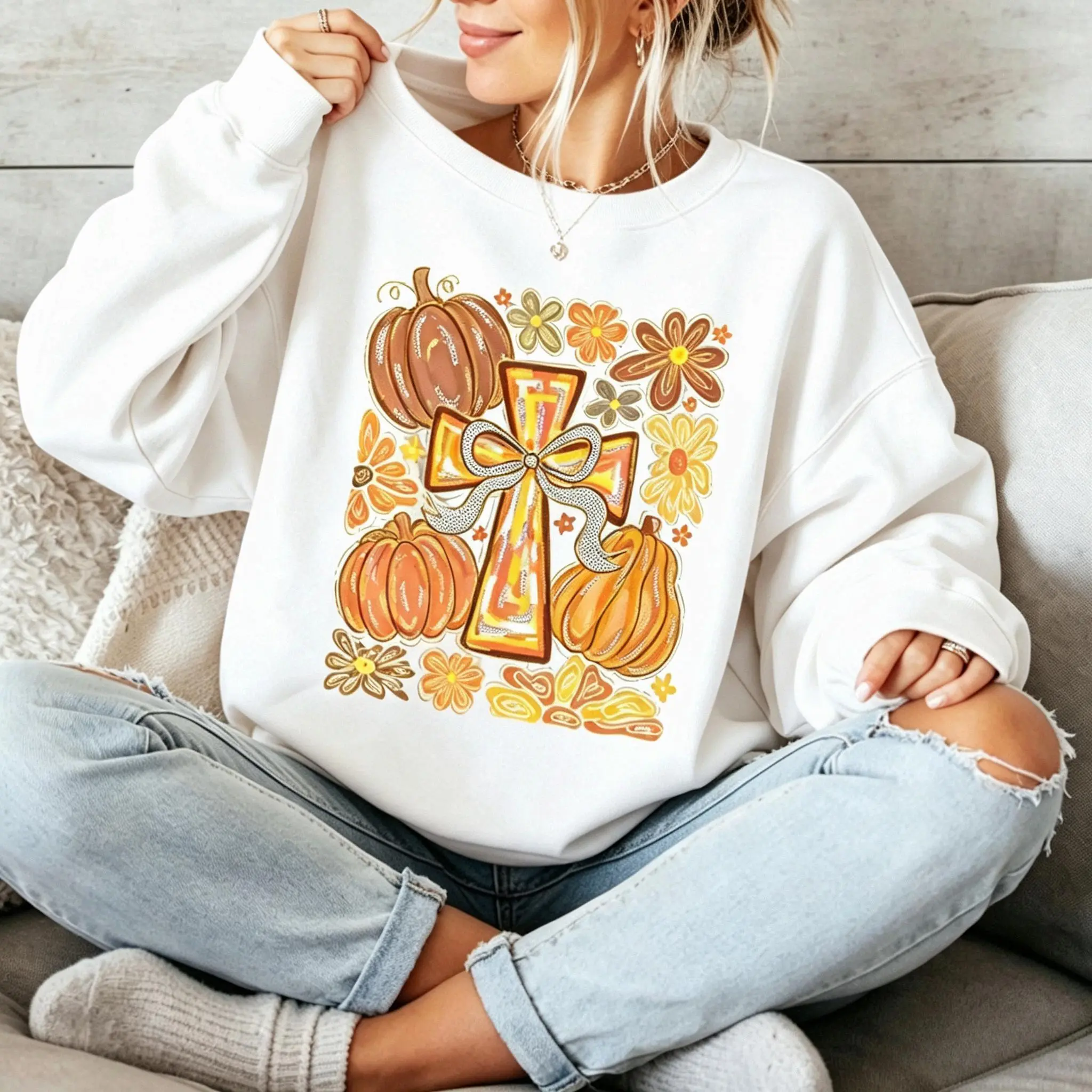Graphic Hoodie Fall Pumpkin Cross Bow Crew Neck Sweatshirt, Essential Hoodie Vintage Floral Christian Religious Print Hoodies For Women, Casual Autumn Thanksgiving Soft Loose Long Sleeve Crewneck Sweatshirt