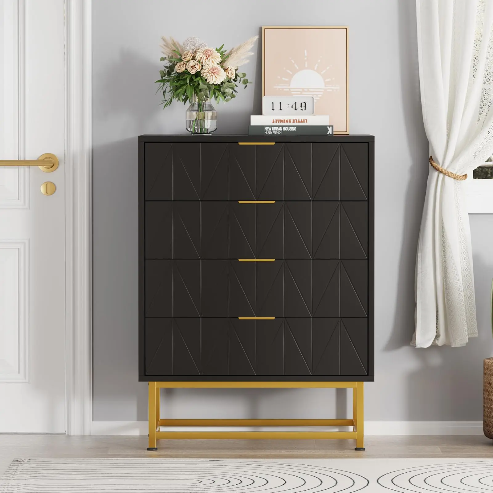 Garvee sideboard, chest of drawers with 4 drawers, hallway cabinet, living room furniture, wood-based material, black, 60 x 40 x 80 cm