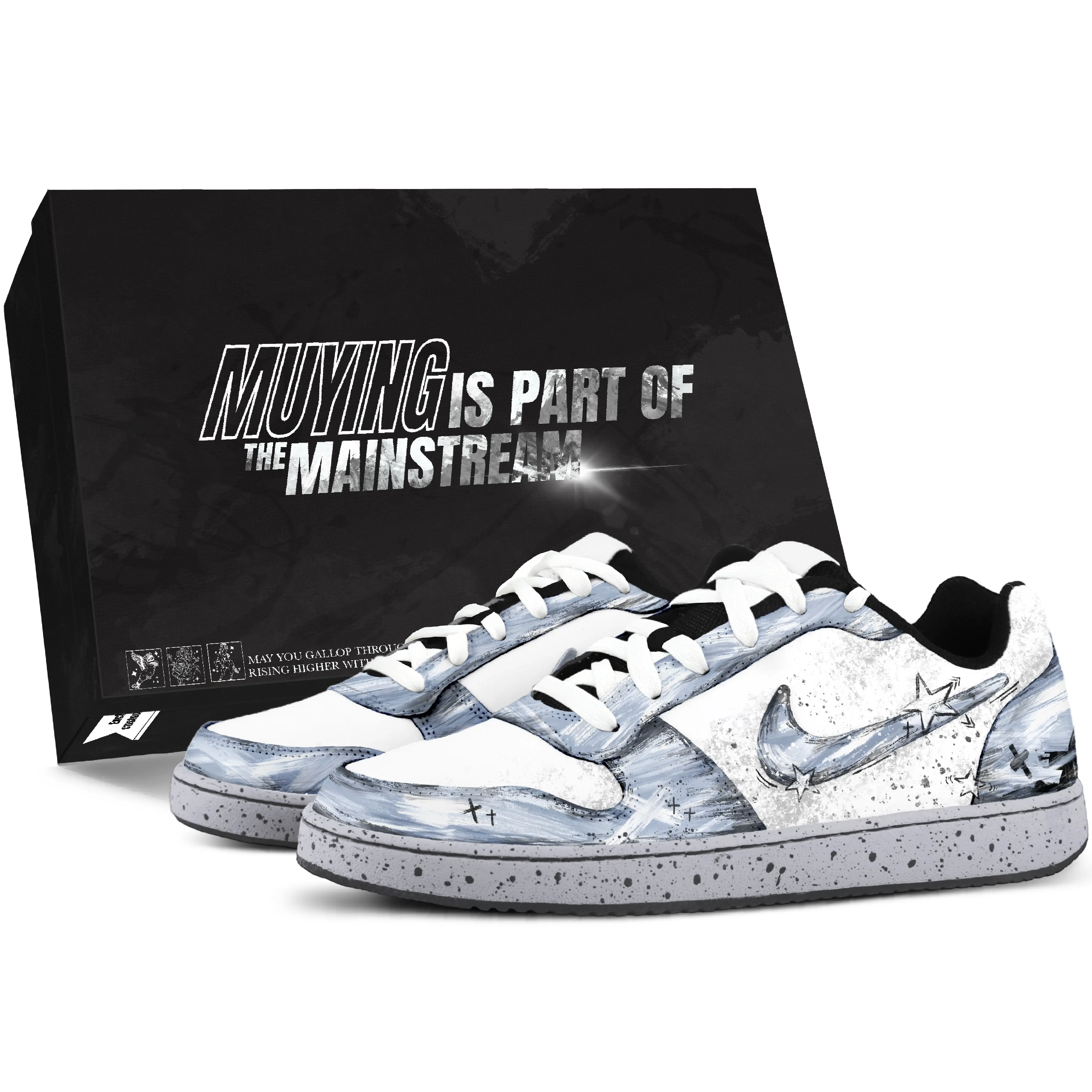 Nike Ebernon Custom Hand-Painted Sneakers for Men: Vintage Hip-Hop Style, Distressed Blue-White-Black, Lightweight, Durable, Non-Slip Low-Tops Verifiable, with credentials and supporting global authentication