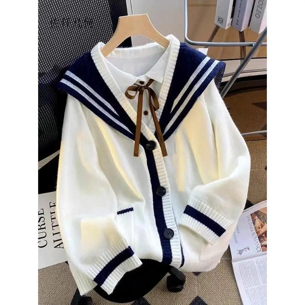 Sweet Sailor Collar Sweaters for Women 2025 New Loose College Style Cardigan Woman