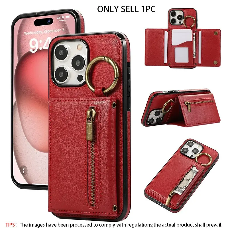 Three piece zipper PU leather cover ring wallet with multiple card holders, stand for Tpu shockproof Protective phone cases, Shockproof protective covers, suitable for iPhone 17, 16 Pro Max, 15 Plus, 14, 13, 12, 11 Pro Max