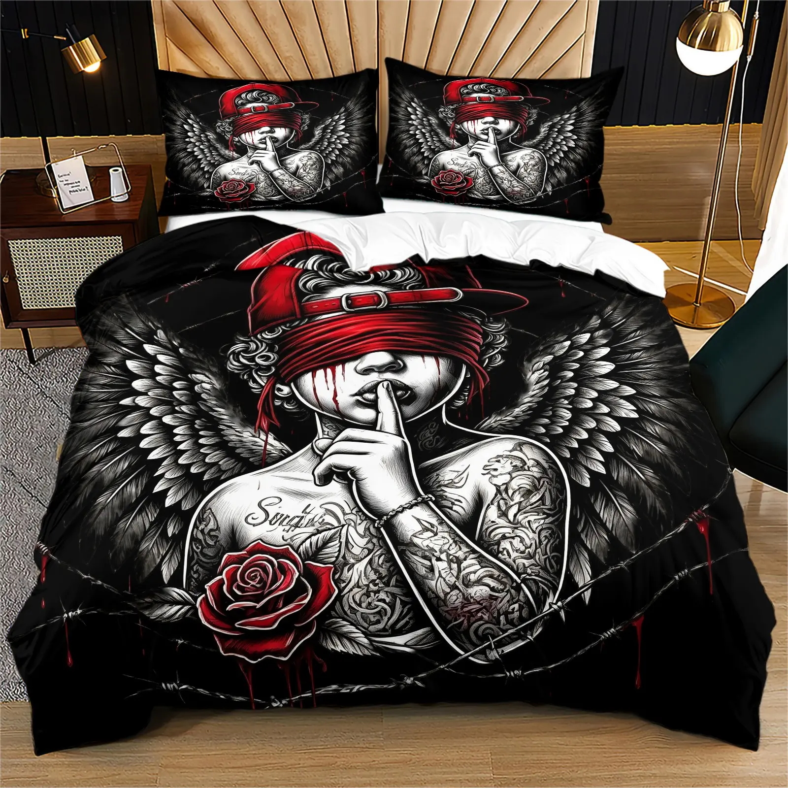 Dark Rebel Angel Printed Pattern Soft and Durable Bedding Duvet Set, Includes 1 Duvet Cover and 1 or 2 Pillowcases, No Quilt or Pillow Core, Suitable for Children or Adults Gift, Modern Style Fashion Bedroom Bed Decoration