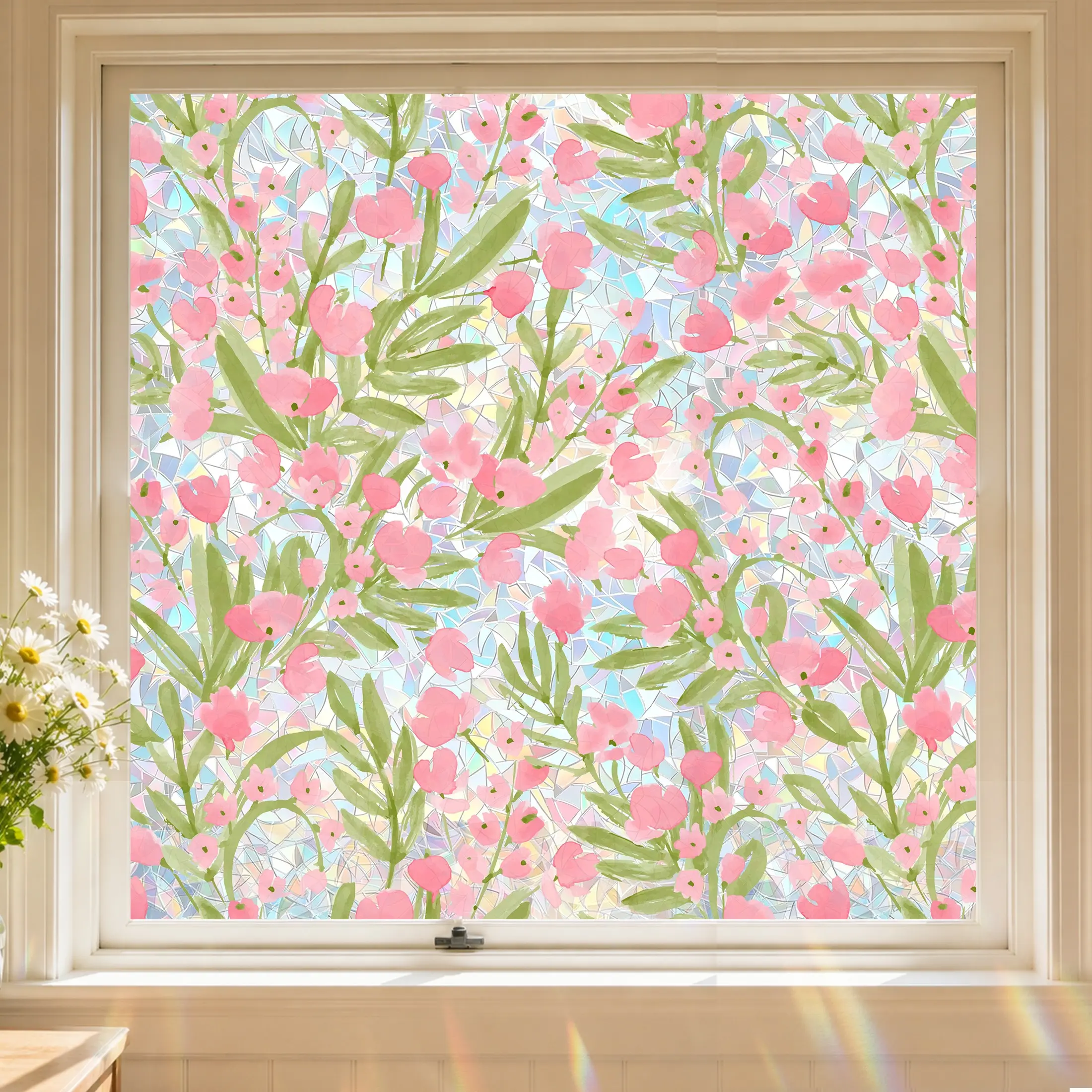 No-Glue Rainbow Pink Floral Window Film 17.5" Wide, Translucent Privacy Glass Decal, Sunlight Prism Mosaic Decor, 1 Roll, Multi-Length Options