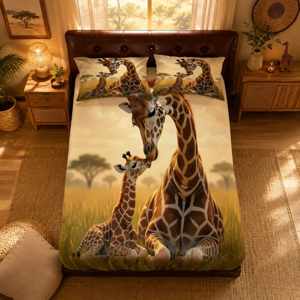 Giraffe Family Fitted Sheet 3-Piece Set (1 Fitted Sheet + 2 Pillowcases, No Pillow Insert Included), Wildlife Print, Deep Pocket Breathable Soft Bedding, Ideal for Teens & Animal Lovers Bedroom Decor, Perfect as a Gift