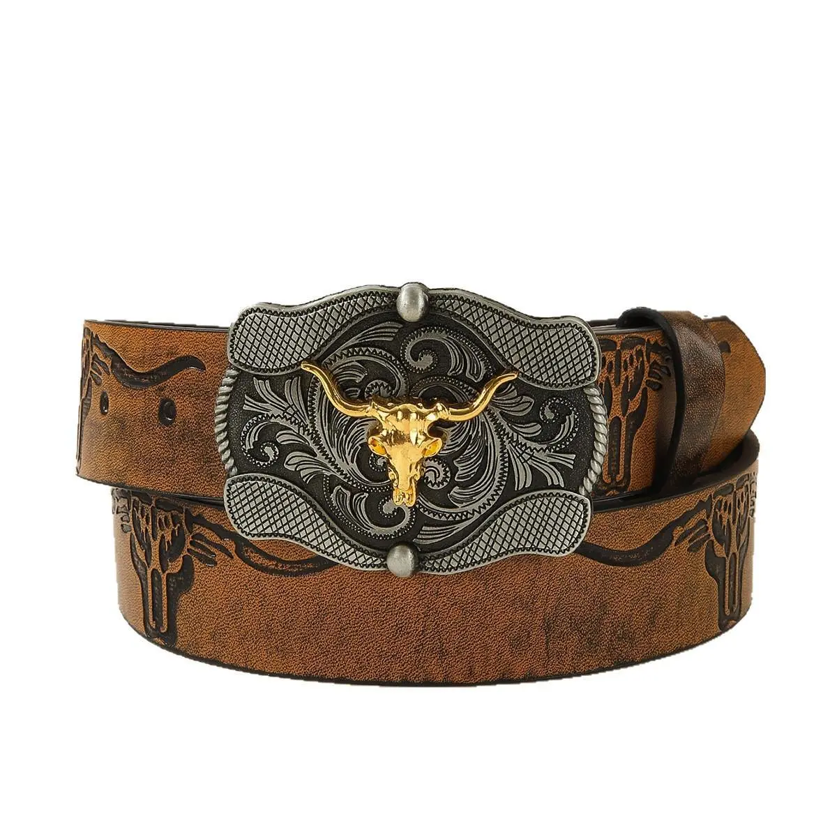 Men's Casual Western Belt with an Ornate Longhorn Shaped Buckle, Heavy-Duty Tooled PU Leather with a Cowhide Pattern, Western Accessories, Longhorn Buckle