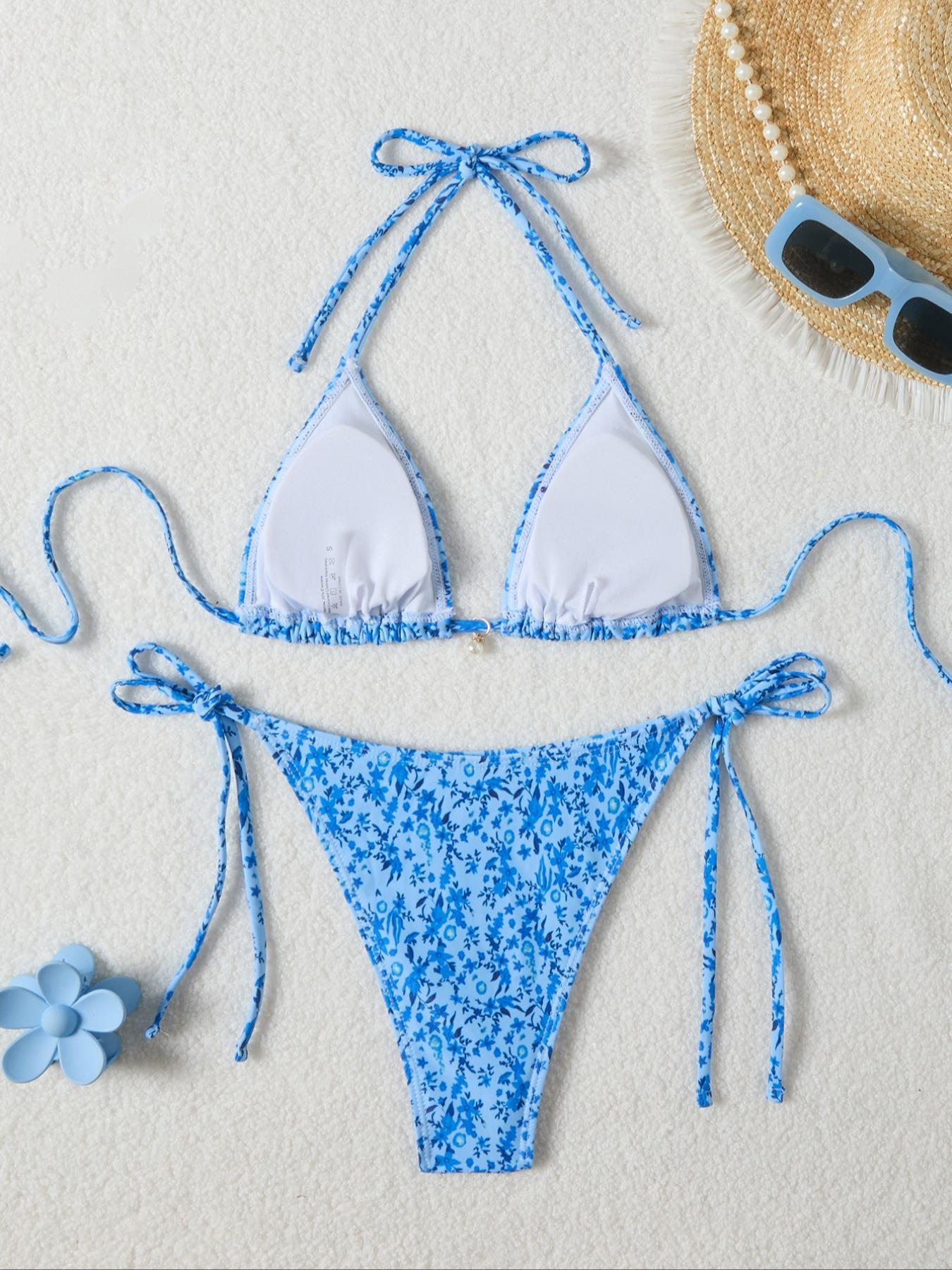 Two-Piece Set Women's All Over Print Bikini Set, Casual Fashion Chic Triangle Swim Bra & Swim Panty Swimsuit Set, Ladies Swimwear for Beach Holiday Vacation, Floral Print Bikinis, Flower Print Bikini