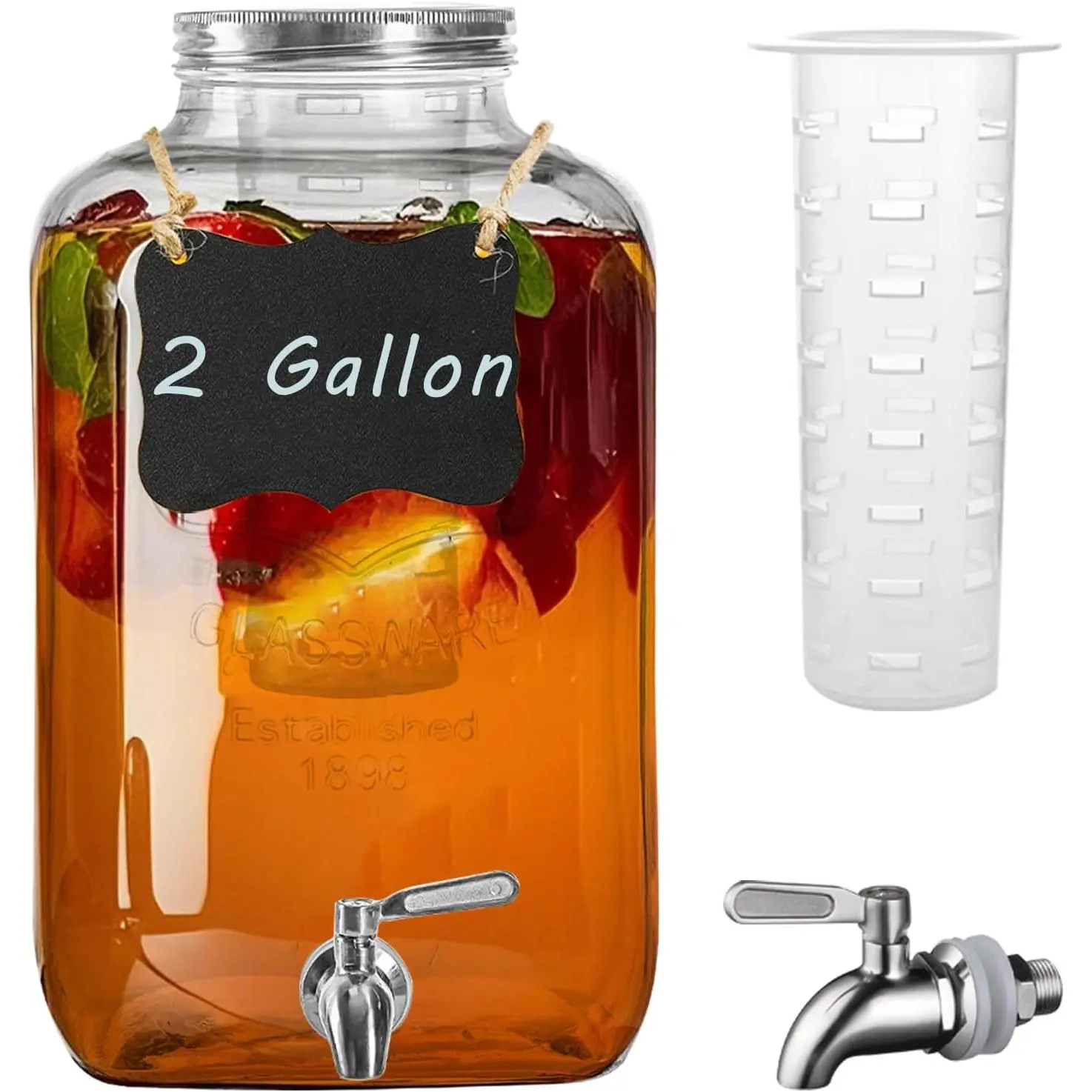2 Gallon Glass Drink Dispenser with Stainless Steel Spigot,1 Pack Glass Beverage Dispenser Water Lemonade Dispensers for Parties