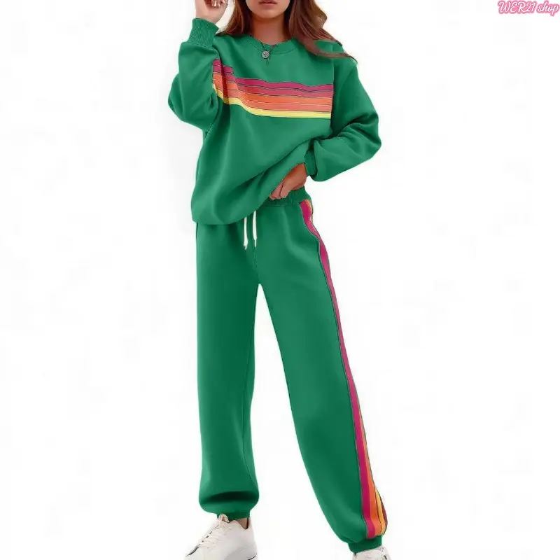 Women’s Fall Winter Striped Crew Neck Sweatshirt & Elastic Waist Long Pants 2 Piece Outfit, Loose Casual Loungewear Set, Cozy Daily Matching Tracksuit, Relaxed Home Wear Ideal For Indoor Leisure, Casual Street Looks, Lazy Days And Weekend Relaxation