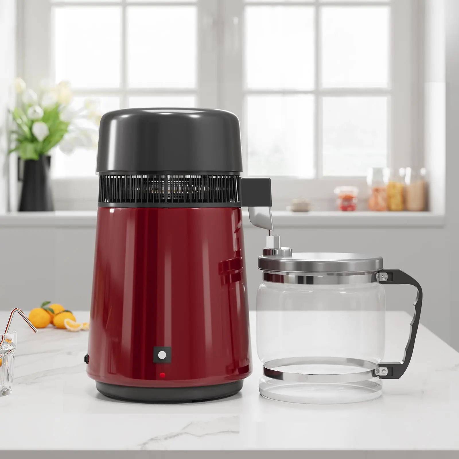 Garvee 1 Gal/4L Countertop Water Distiller - 750W Stainless Steel Home Water Purifier with Glass Pitcher, Kitchen Appliance for Home/Office Use, Silver