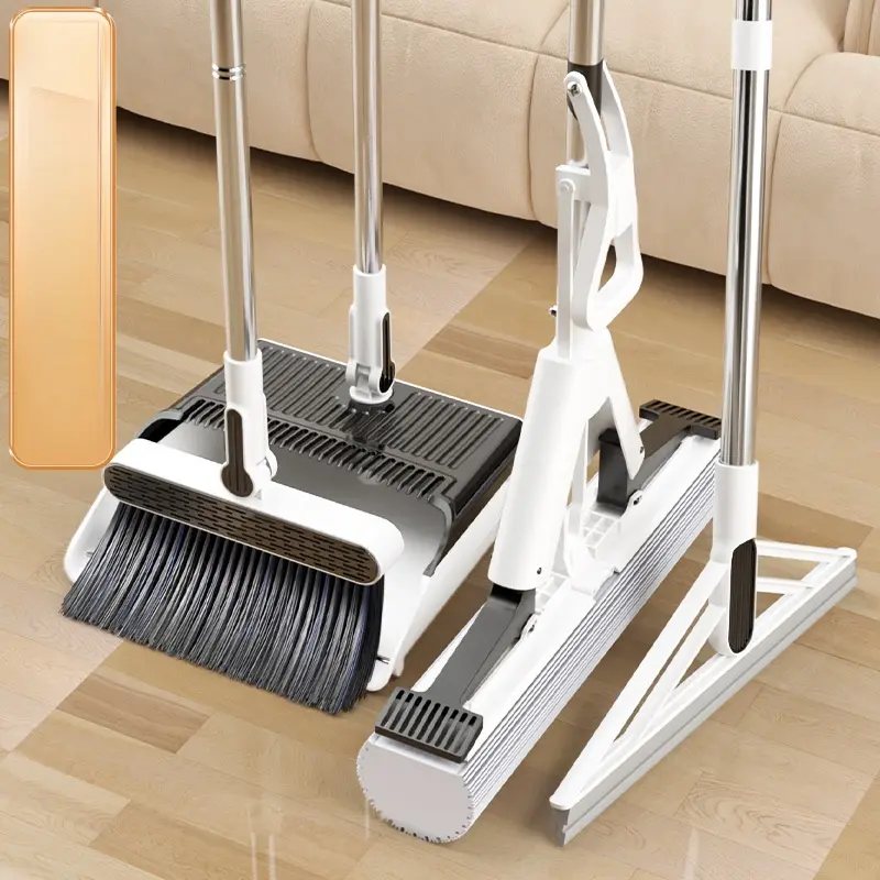 Household cleaning supplies set: mop, broom, dustpan, sponge squeegee mop