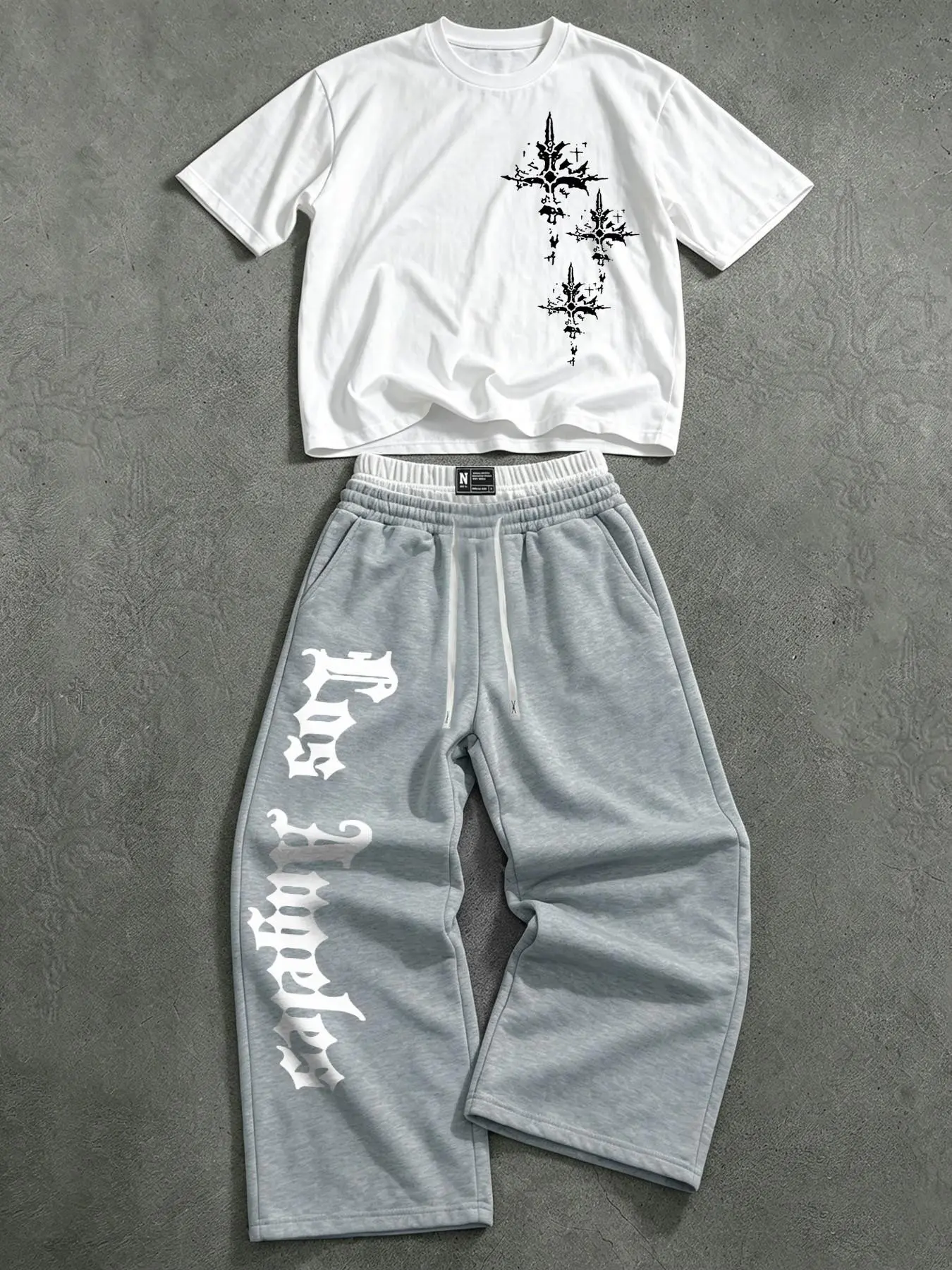 American Gothic Pattern Letter Print Short Sleeve Set, Unisex Casual Two-Piece, Wide Leg Pants, Drawstring Waistband