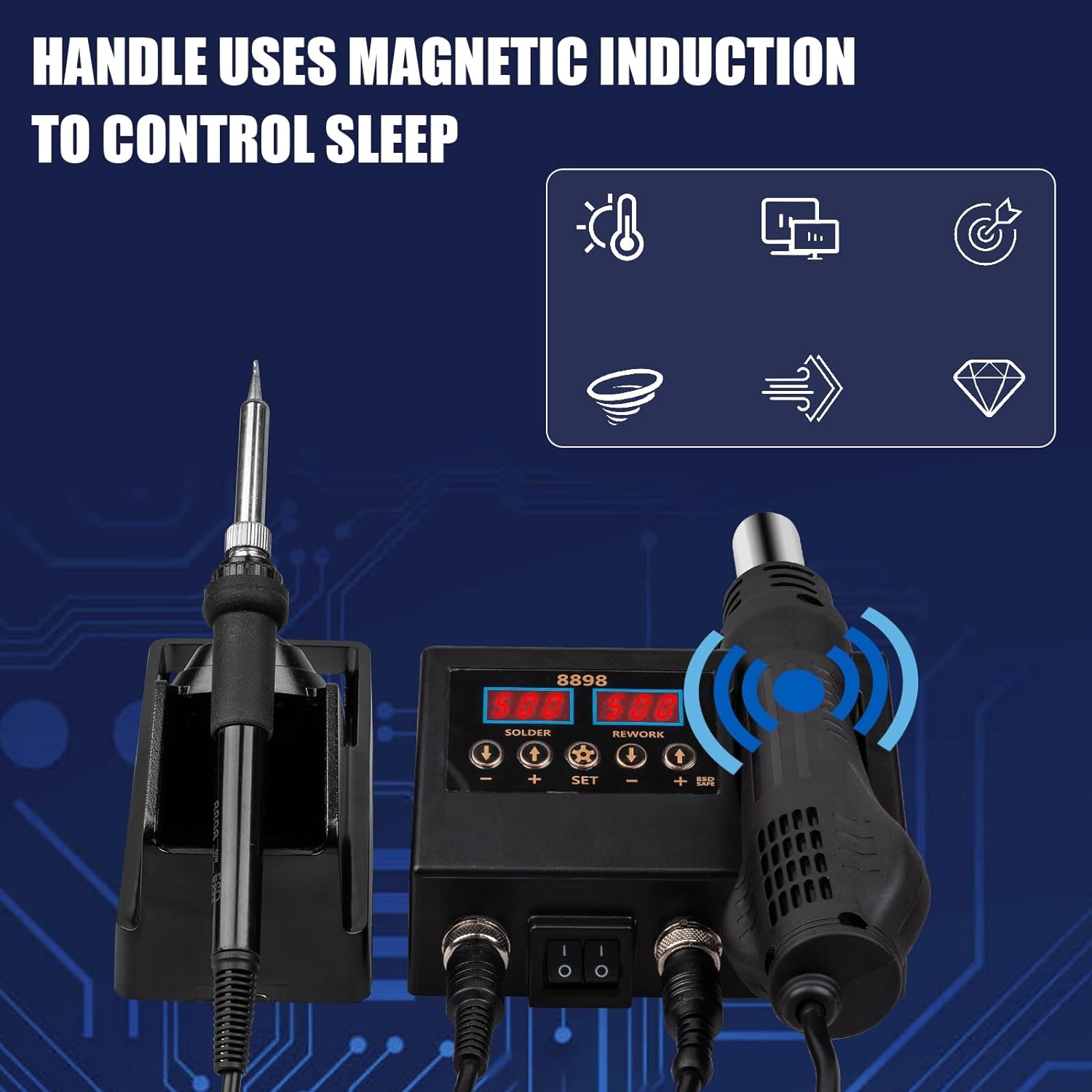 12 count Soldering Station, 2 in 1 Hot Air Functions Digital Display Soldering Iron Soldering Kit, 8898 Portable SMD Rework Station, oC/oF Cool/Hot Air Conversion and Auto Sleep