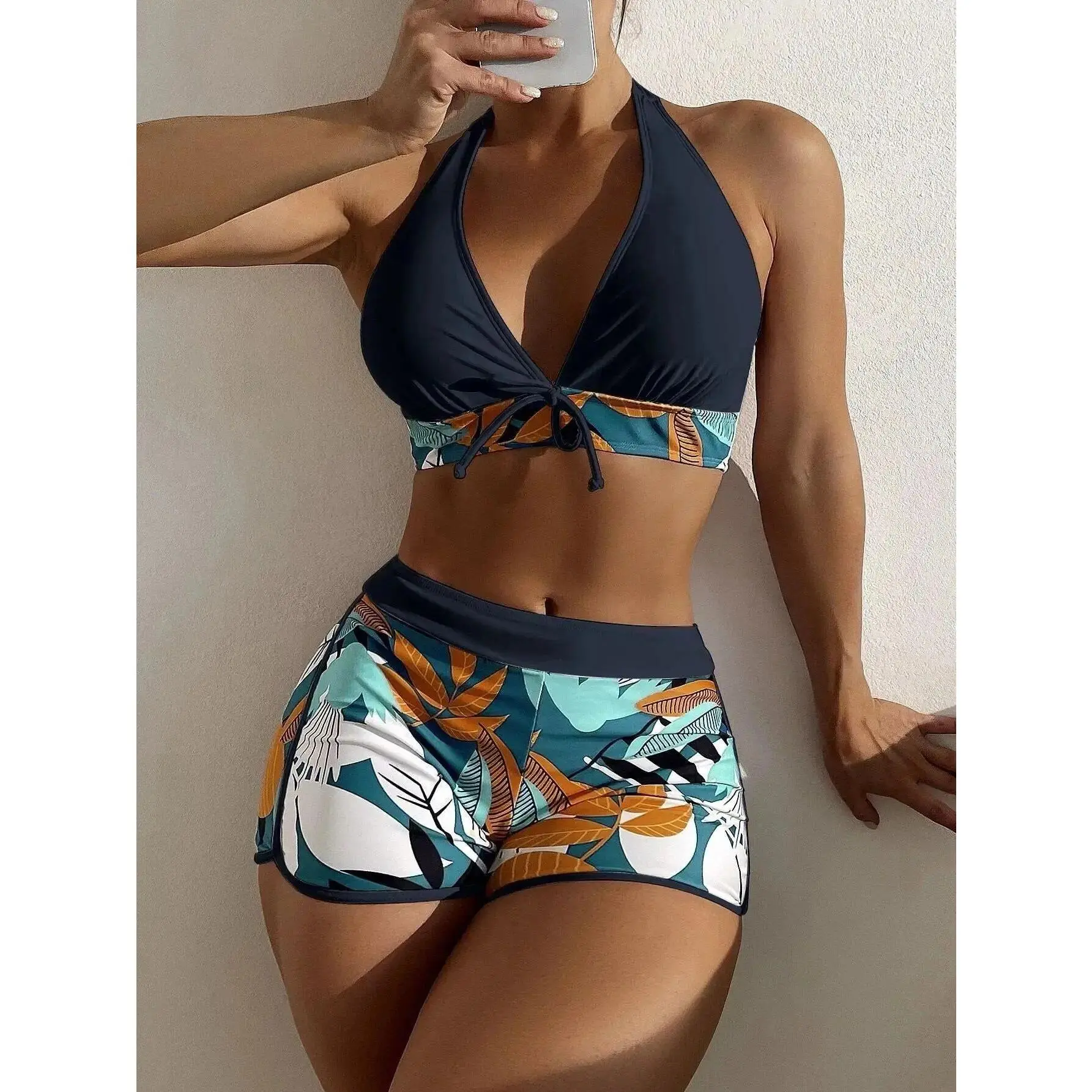 Women's Trendy 2-Piece Printed Tankini Swimwear Set - High Neck Sleeveless Top, High-Waist Boy Shorts, Size S, Sets