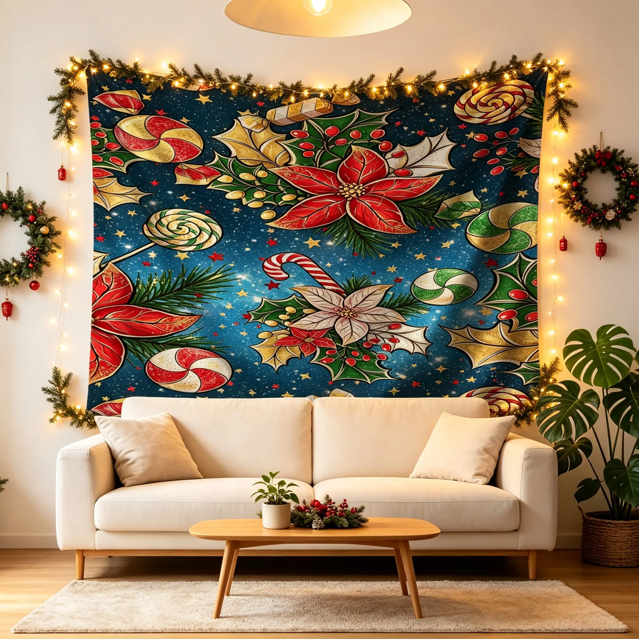 1Pcs Festive Poinsettia Holly Tapestry, Decorative Wall Hanging serving as Backdrop Decor for holiday lovers. This soft Wall Blanket fits dorm & living room, stylish Tapestries build warm cheerful Christmas atmosphere for seasonal home decor