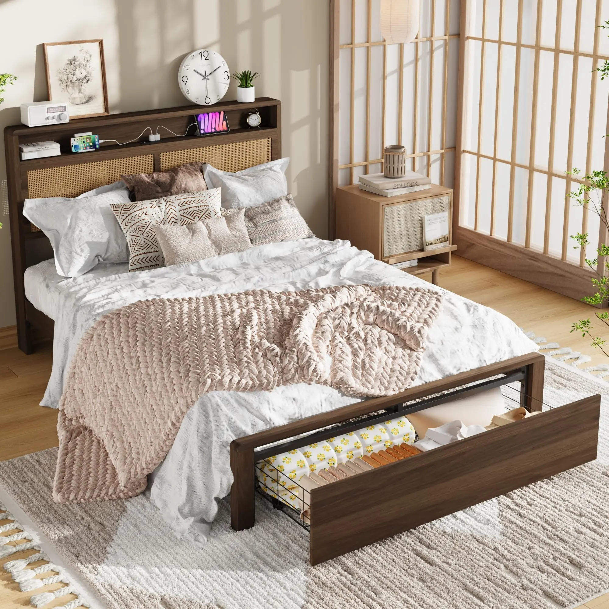 Queen Bohemian Cane Wooden Rattan Bed Frame with Storage & LED Lights, Charging Station, Wooden Slats, Noise-Free, No Box Spring Needed, Country Farmhouse Style