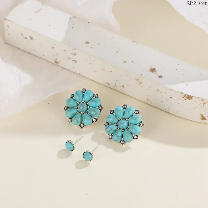 Silver‑Tone Simulated Turquoise Flower Stud Earrings, Boho Western Style Vintage Ear Jewelry for Women Daily Party