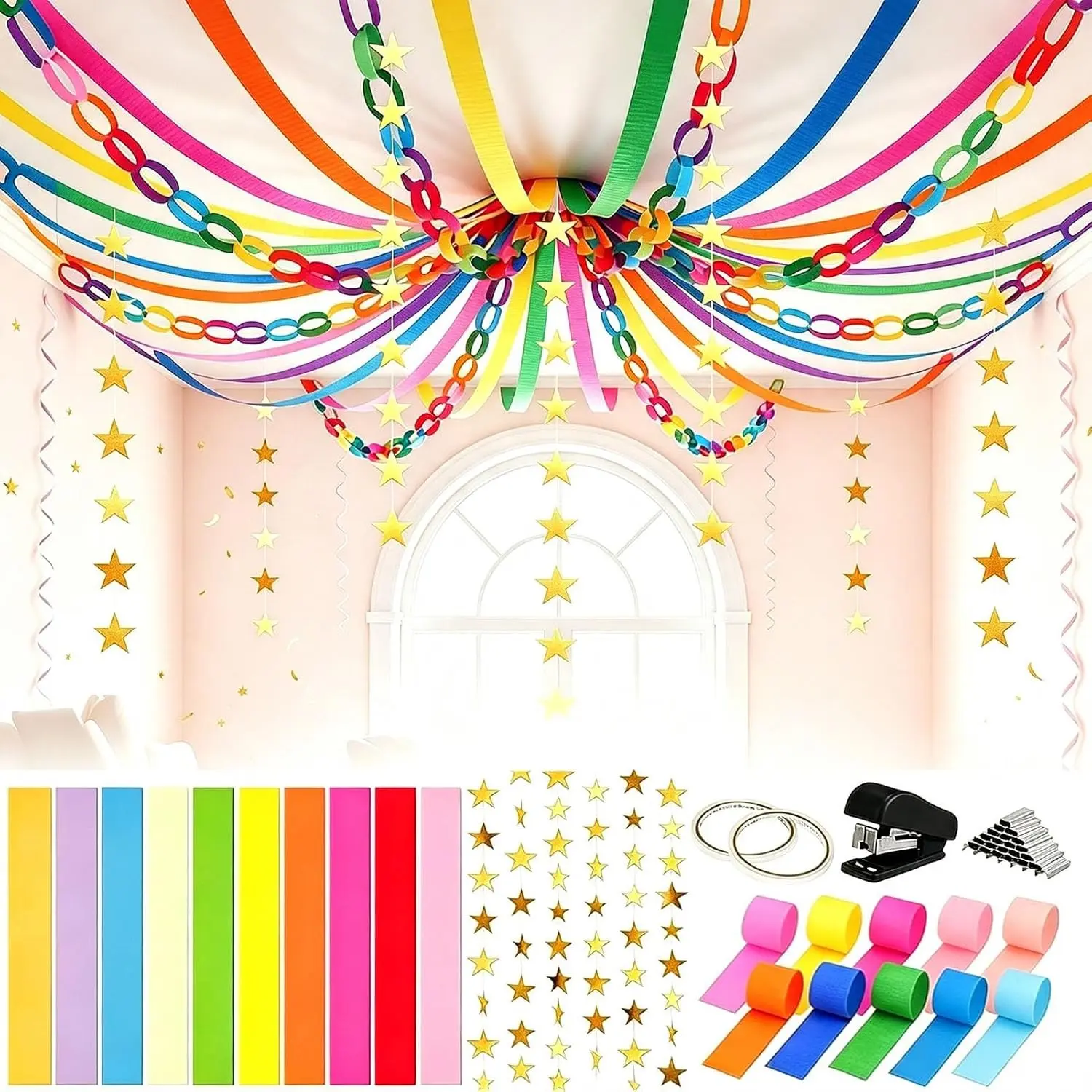 Colorful Paper Chain Garland Set - 1000 Strips with Gold Stars and Crepe Streamers