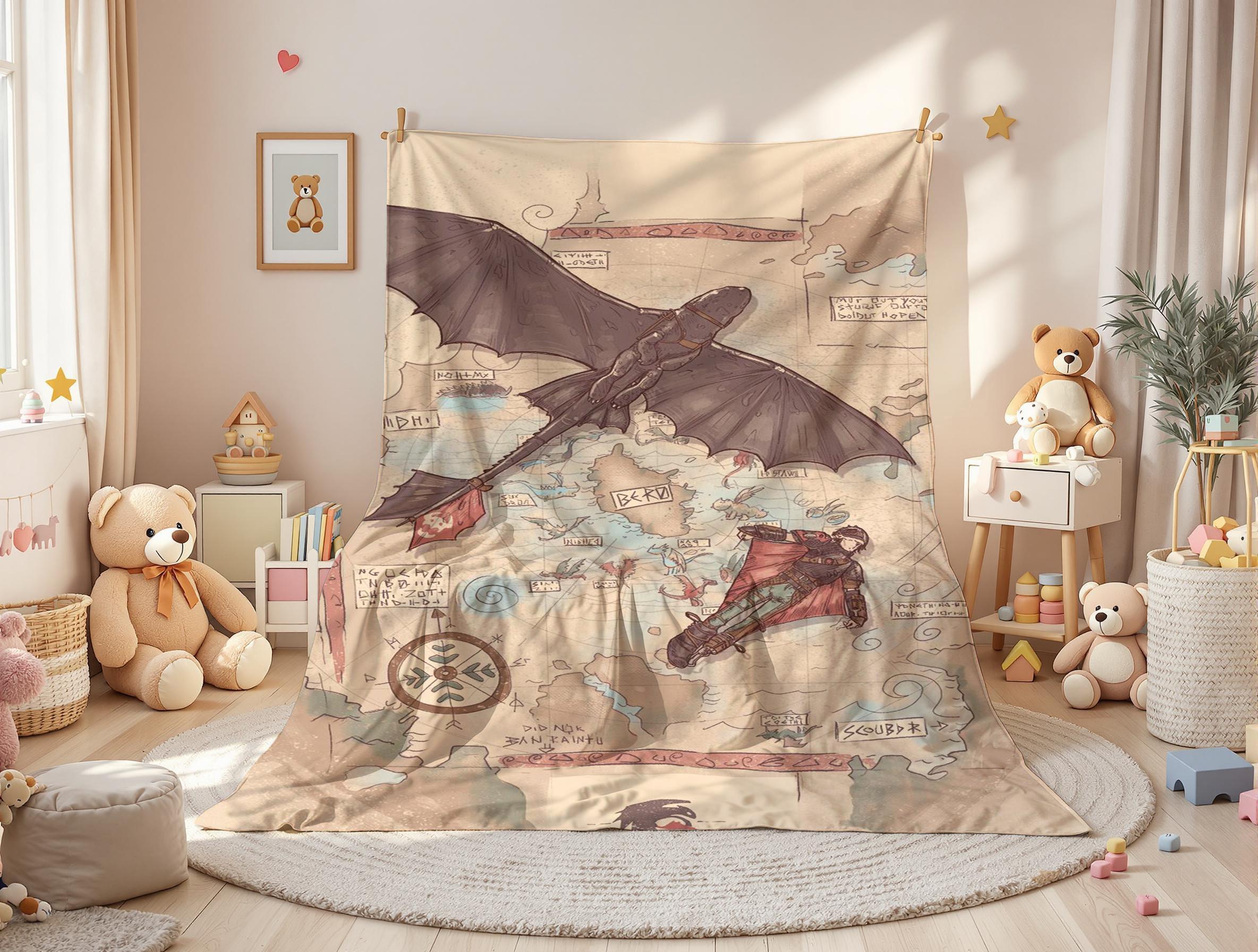 Vintage How to Train Your Dragon Print Fleece Blanket – Cute Hiccup & Toothless Pattern Soft Plush Throw, Perfect for Kids Adults, Ideal Bedroom Dorm Decor Gift for HTTYD Fans