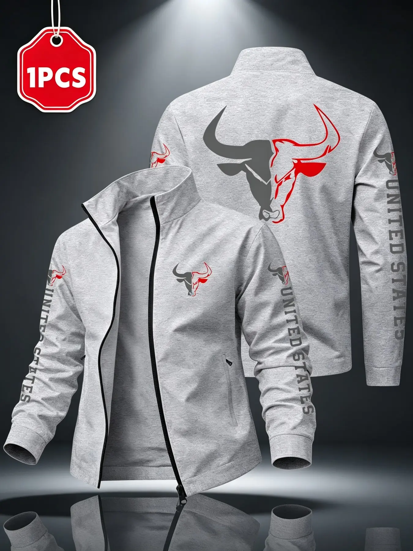 Men's Zipper Collar Jacket, Bull Head Graphic Print, United States Text, Trendy Loose-Fit Casual Outerwear, Sporty Hoodie, Athleisure Outerwear