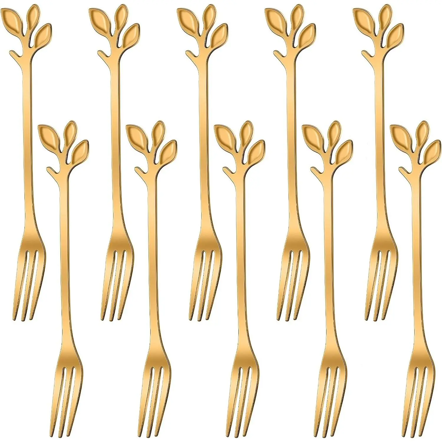 AnSaw 10-Piece Gold Leaf Dessert Forks Set - 4.7" Mini Cocktail Forks | Stainless Steel Forks,Appetizer Forks,Fruit Forks,Cake Forks,Salad Forks,Small Fork,Parties & Home Use
