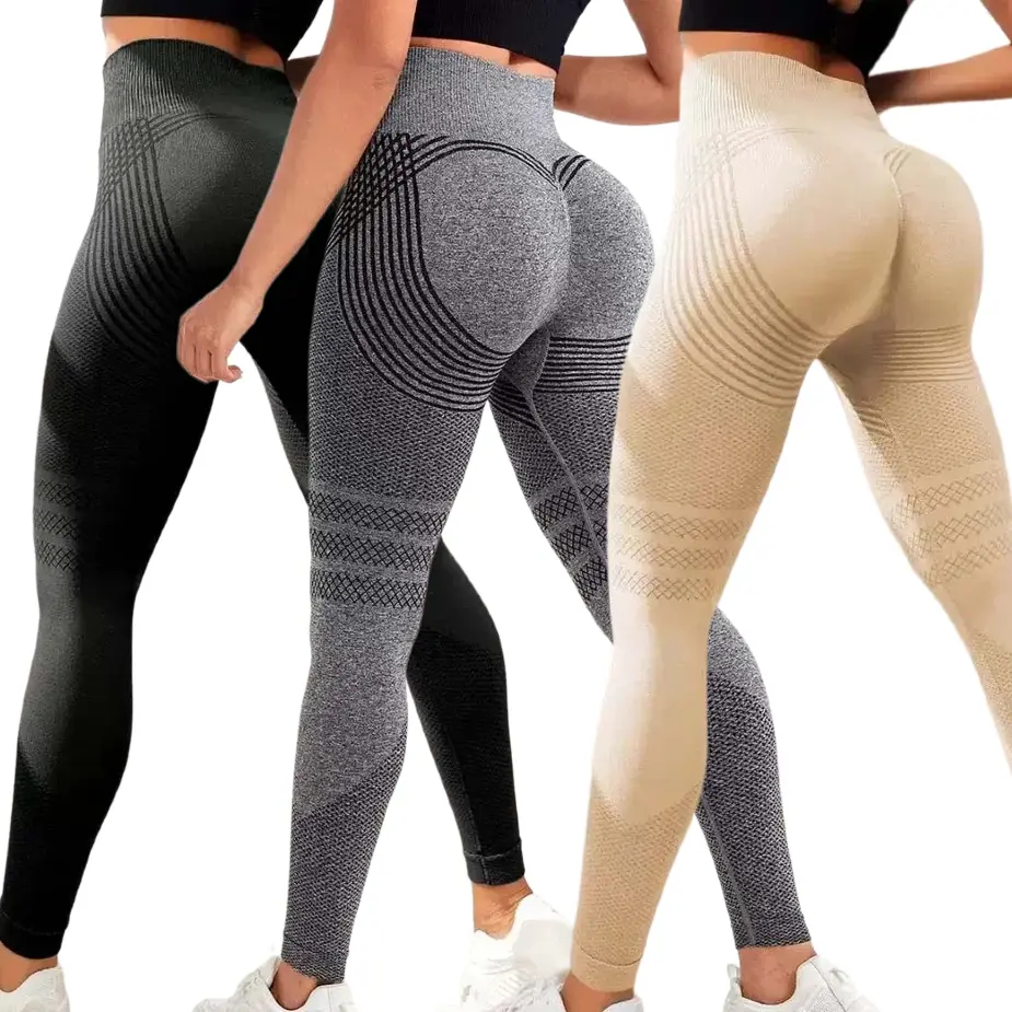3 Pack Women Seamless High Waist Butt Lifting Yoga Leggings, Striped Textured Workout Leggings, Stretch Tummy Control Gym Running Pants, Professional Body Shaping Athletic Tights