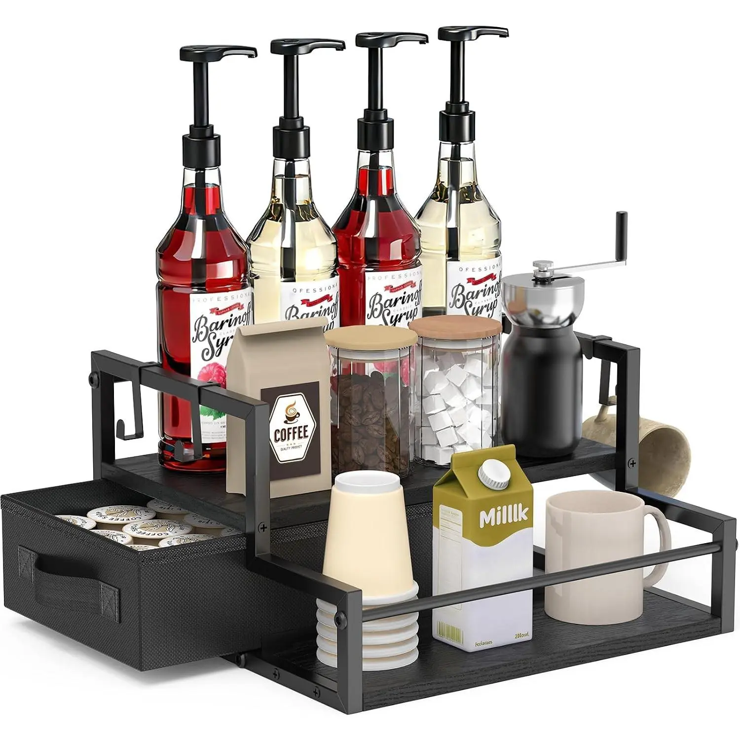 Coffee Syrup Organizer for Countertop, 2-Tier Coffee Bar Organizer with K Cup Storage Drawer, Syrup Rack Station for Accessories, Table Holder Stand for Wine,Tea,Condiment (Classic Black)