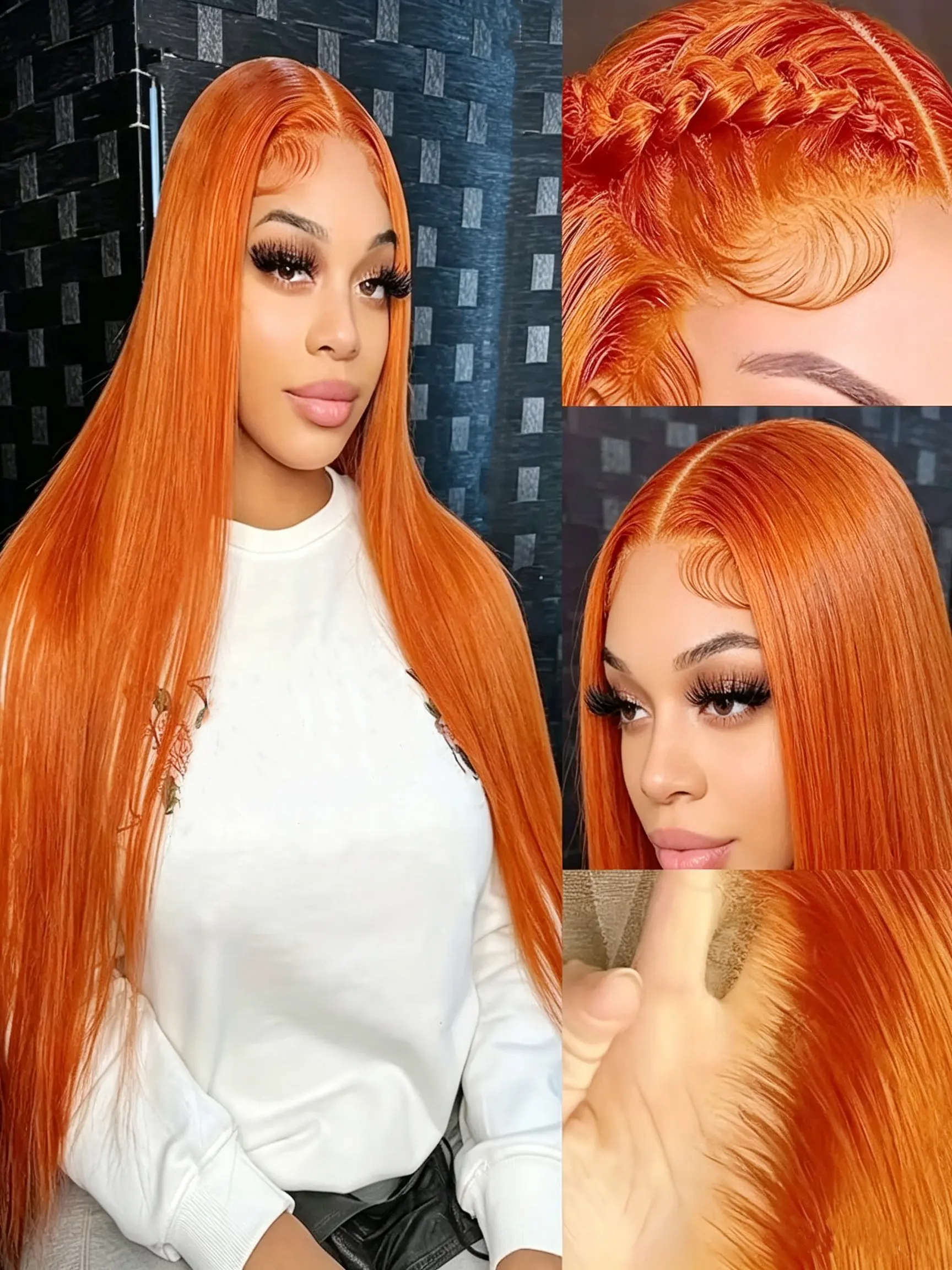 Ginger Orange 13x4 HD Lace Front Wigs Synthetic Hair Pre Plucked with Natural Hairline 26Inch Straight #350 Colored Lace Frontal Wigs for Women Daily Party Use, 200 Density Orange Cosplay Wigs ﻿