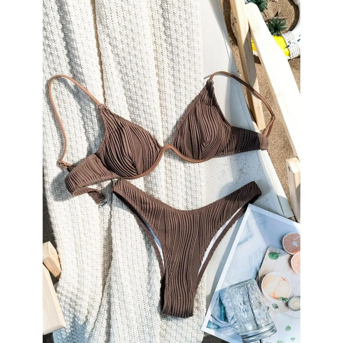 Women Beach Fashionable Push Up Underwire Bra & Swim Bottom Bikini Set Bathing Suit