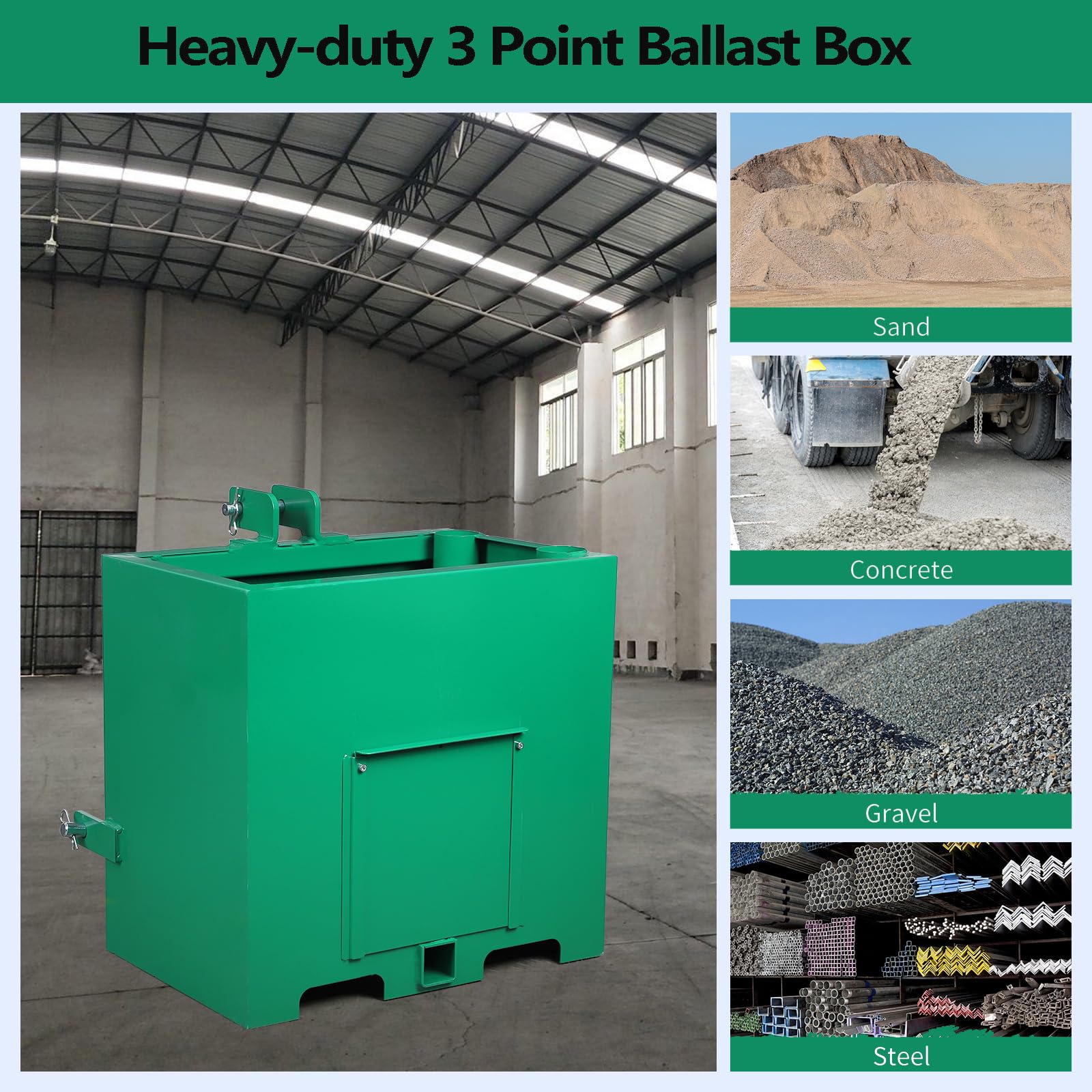 GARVEE 3 Point Ballast Box with 2" Hitch Receiver, designed for Category 1 tractors, offers 800 lbs of ballast. Available in Green and Red, this quick hitch loader attachment enhances stability and performance.