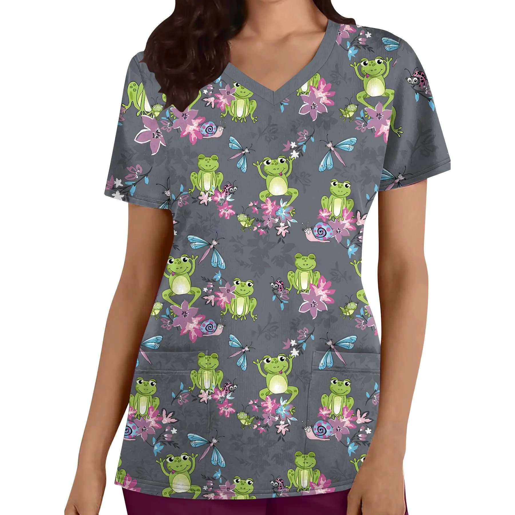 Women's Elegant V-Neck Short Sleeve Scrub Top with Cute Frog & Floral Print - Gray Nurse Uniform, Machine Washable, Pockets, Regular Fit for Healthcare Professionals, Nurse Scrubs, Everyday Comfort, Vneck Design, Durable Fabric, Functional Pockets