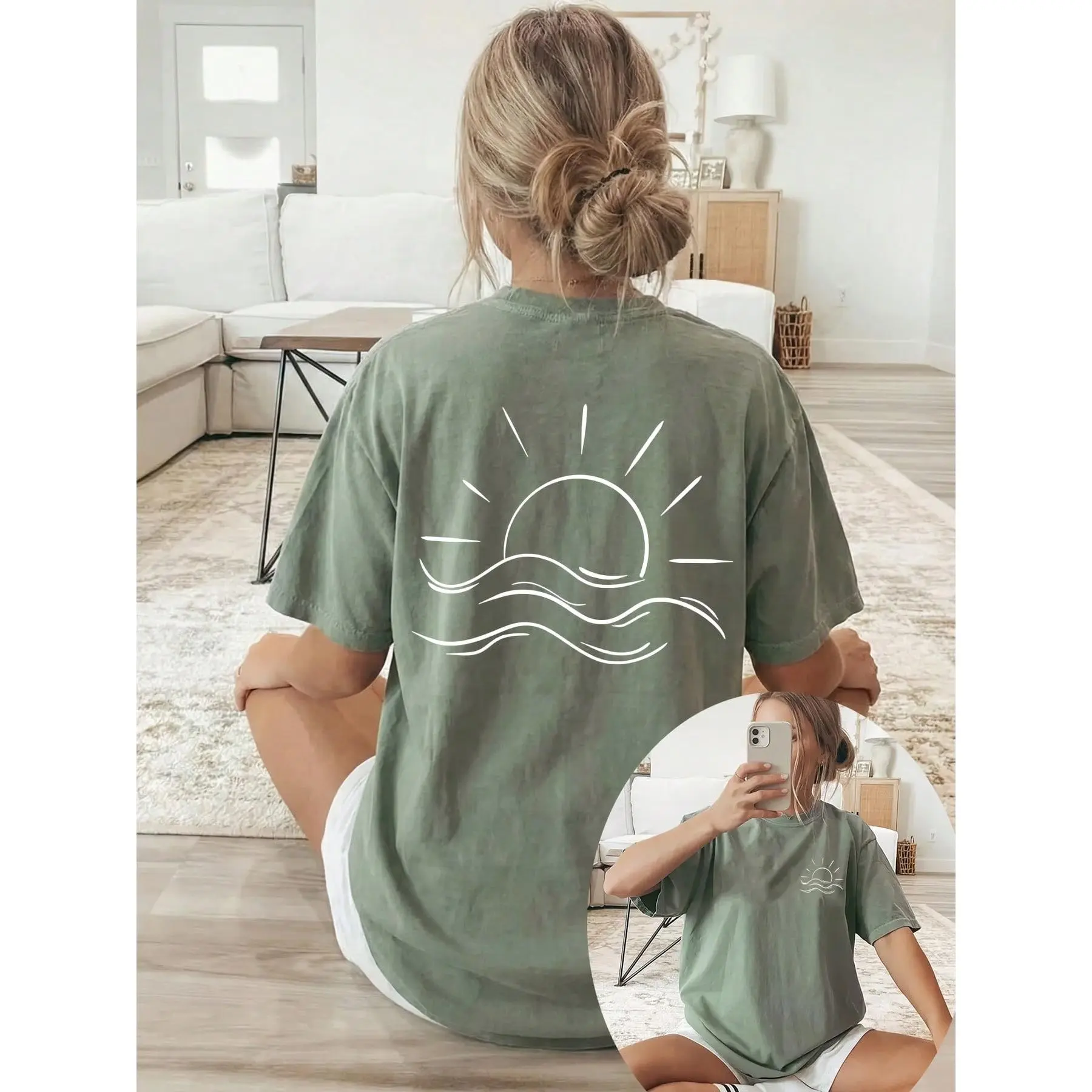 Casual Sun & Sea Graphic T-Shirt for Women, Soft 100% Cotton Fabric with a Loose Fit, Round Neck Shortsleeve Vacation Top, Tops, All Over, Machine Wash, Regular, Skin-Friendly