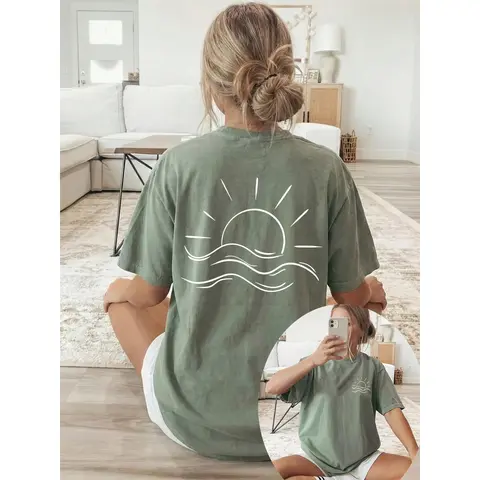 Women's 100% Cotton Loose-Fit Short-Sleeve Trendy Graphic Sports Top - Round Neck, All-Over Sun & Sea Print, Skin-Friendly, Machine-Washable, Regular Length, Fitness Casual Wear, Cute Tops, Shirts, Trendy Graphic Shirts