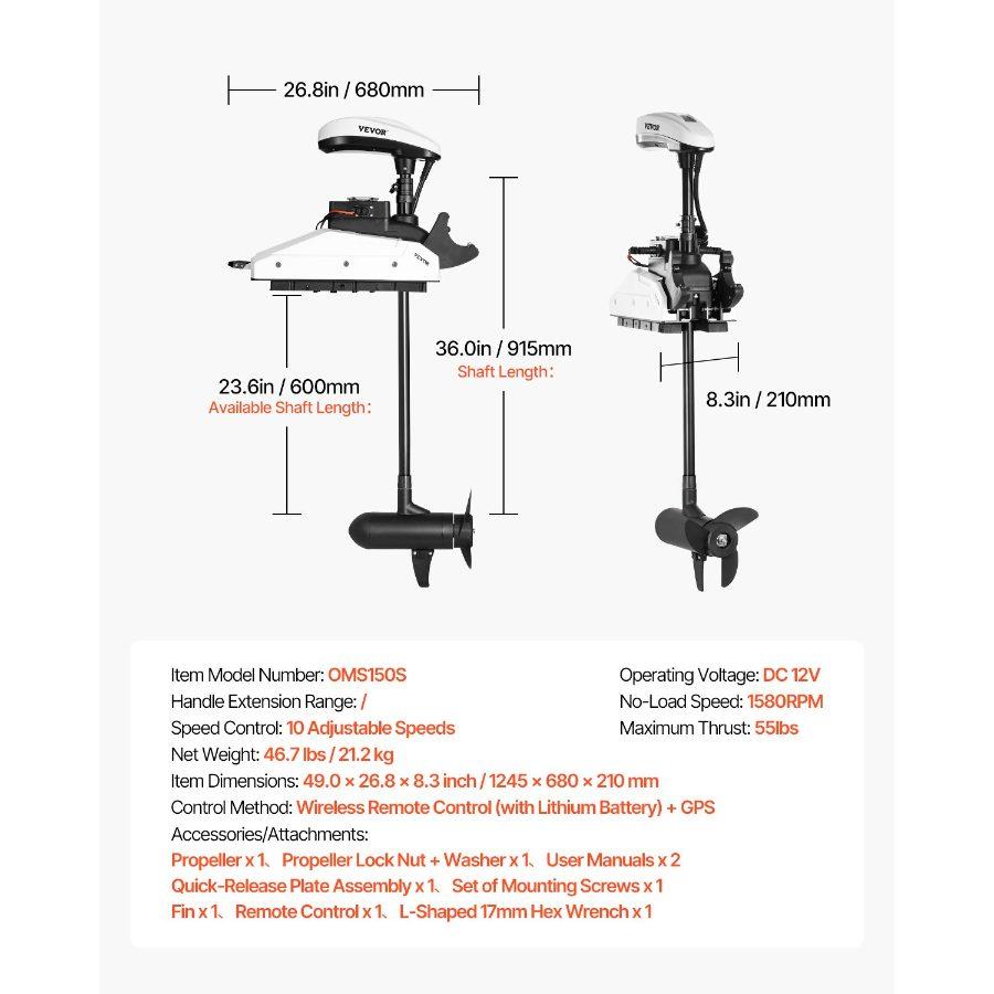 VEVOR Electric Trolling Motor, 55lbs Thrust with GPS, 10-Speed Bow Mounted Saltwater Outboard Boat Motor with Remote Control LCD Battery Indicator, for Kayaks, Fishing Boats, 36-Inch Shaft