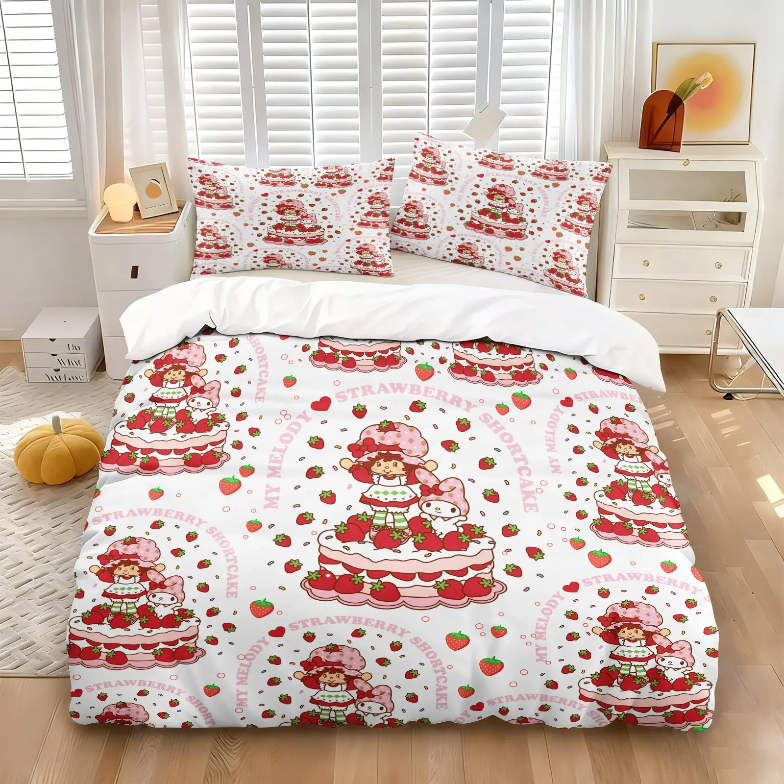 Cute Strawberry Cartoon Duvet Cover Set, 1 Duvet Cover + 1/2 Pillowcases, HD Digital Print Long Lasting Colorfast Pattern, Cozy Smooth All Season Microfiber Bed Linen, Sweet Unique Birthday Gift for Teen Girls Bedroom Decor