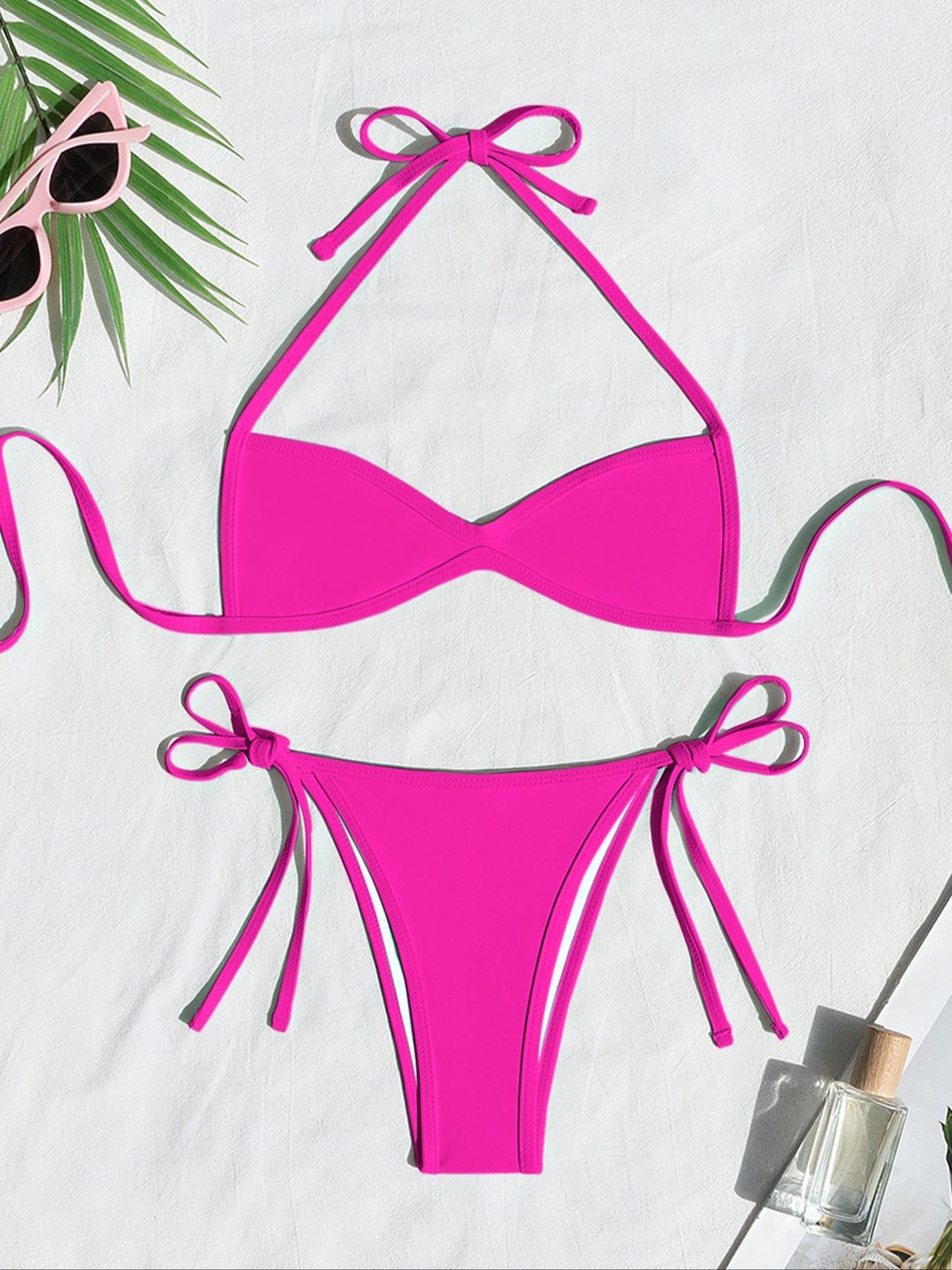 Women's Two-piece Plain or Colorblock Bikinis Set for Summer, Halter Tie-Back Bikini Top & Tie-Side High-Cut Bikini Bottom, Ladies Summer Swimwear for Beach Holiday