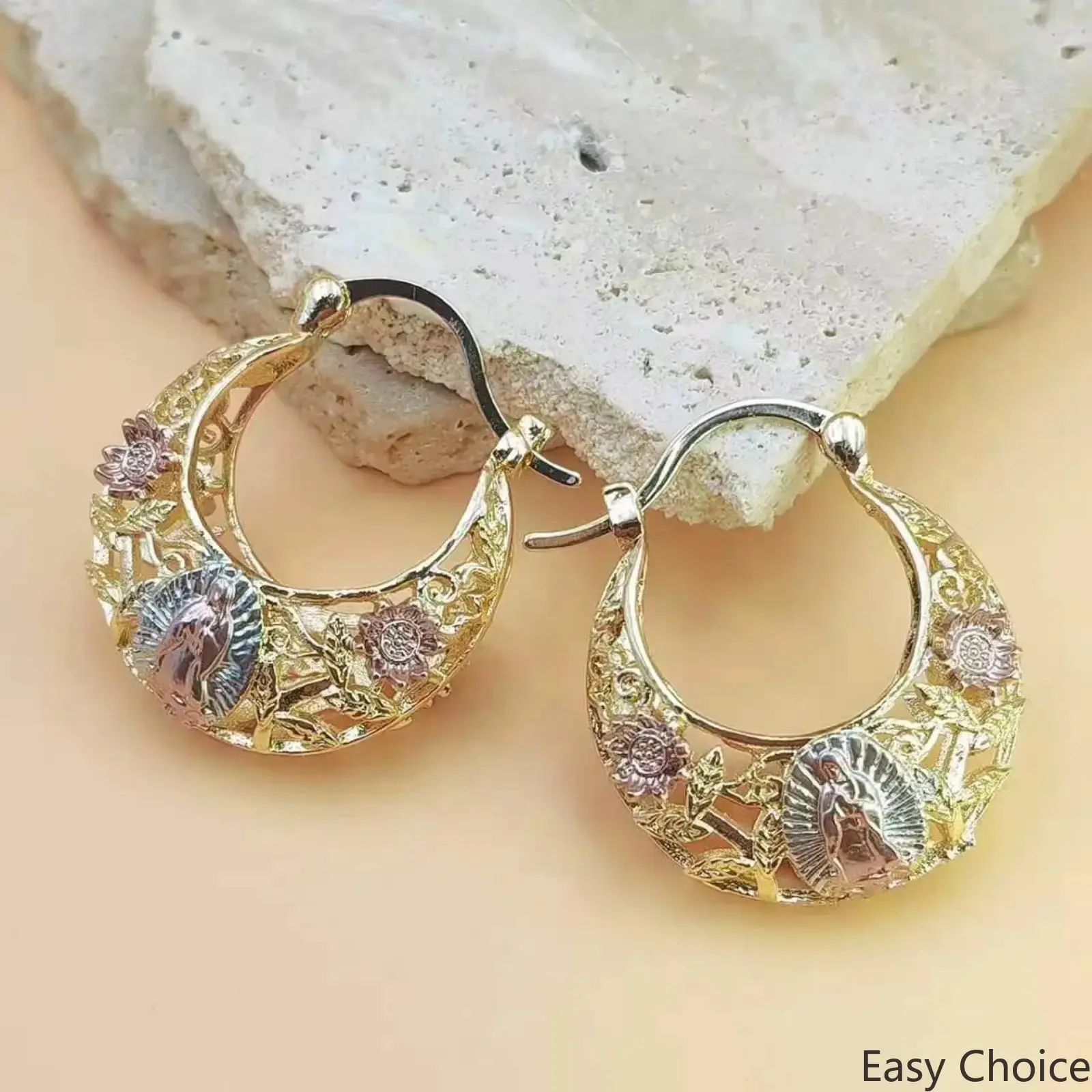 18K Gold Plated Virgin Mary Guadalupe Hoop Earrings for Women, Vintage Filigree Hollow Floral Religious Dangle Huggie Earrings, Catholic Faith Jewelry Gift for Her